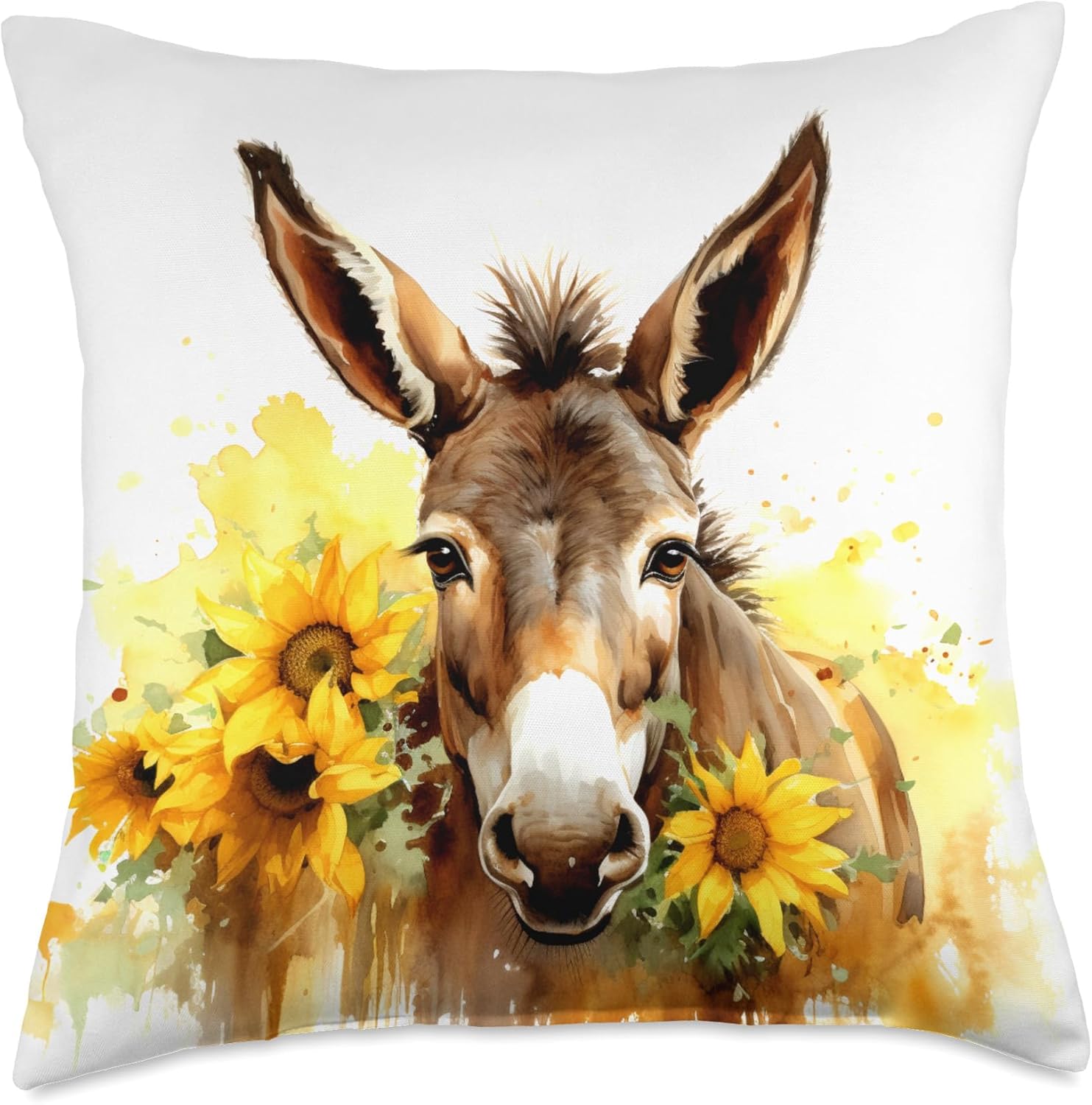Donkey With Sunflowers Animal Lover Flowers Art Design Throw Pillow