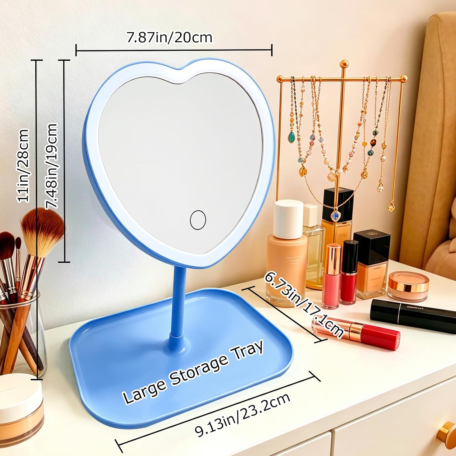 Heart Vanity Mirror, 3 Light Colors, Blue image 2