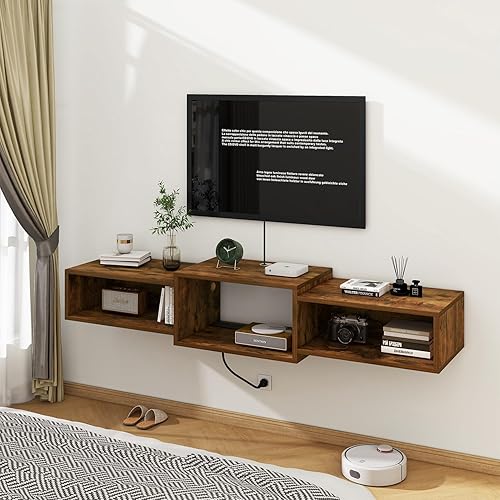Miniatura 8 de IBUYKE Soporte flotante para TV montado en la pared con toma de corriente, estante de consola de madera montado en la pared, centro de