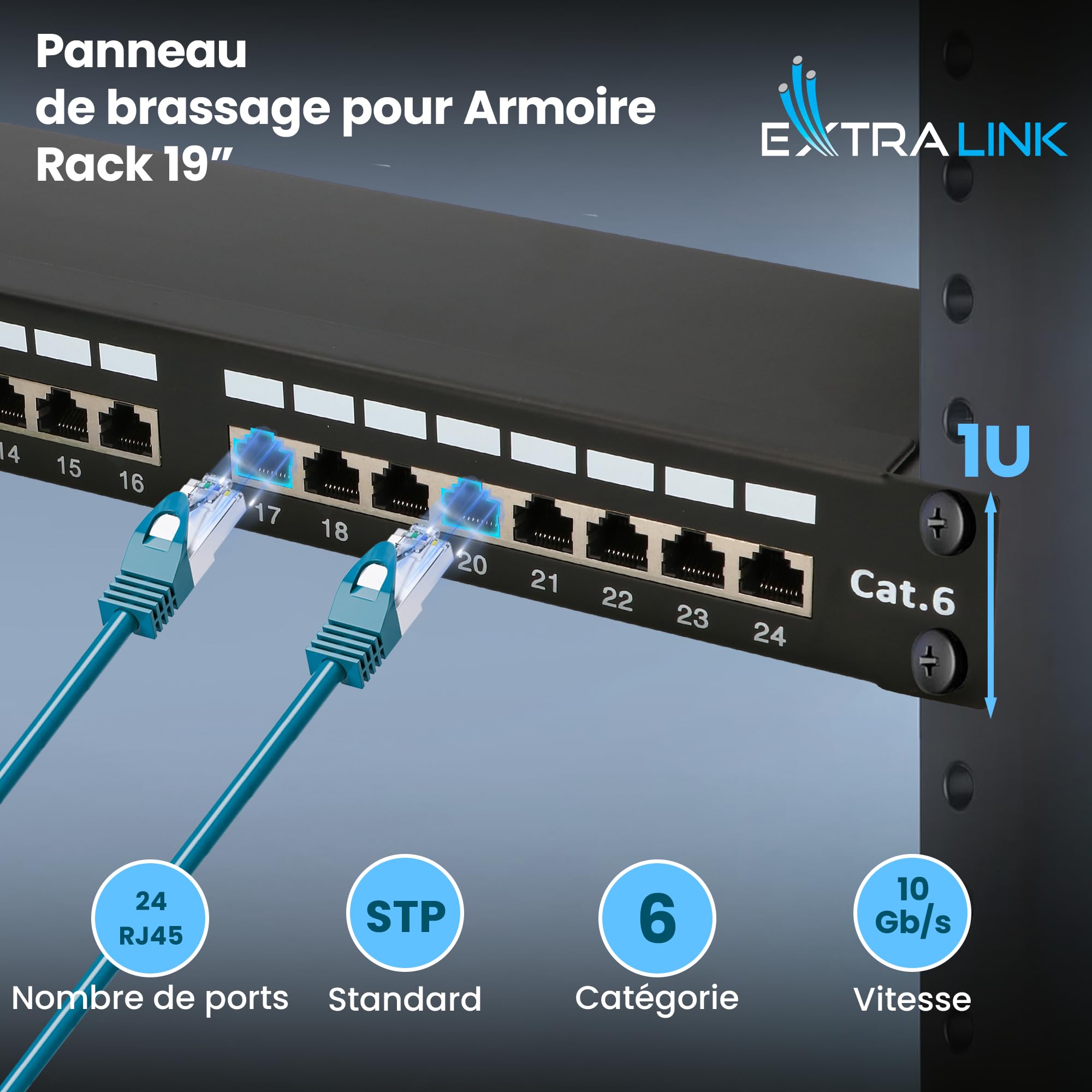 Extralink Panneau de Brassage 24 Ports RJ45 Cat 6 STP 19 Pouces 1U Rack | 24 ports RJ45 de catégorie 6 réunis sur une seule unité : 482,6 mm de large pour toute baie de brassage 19 pouces.