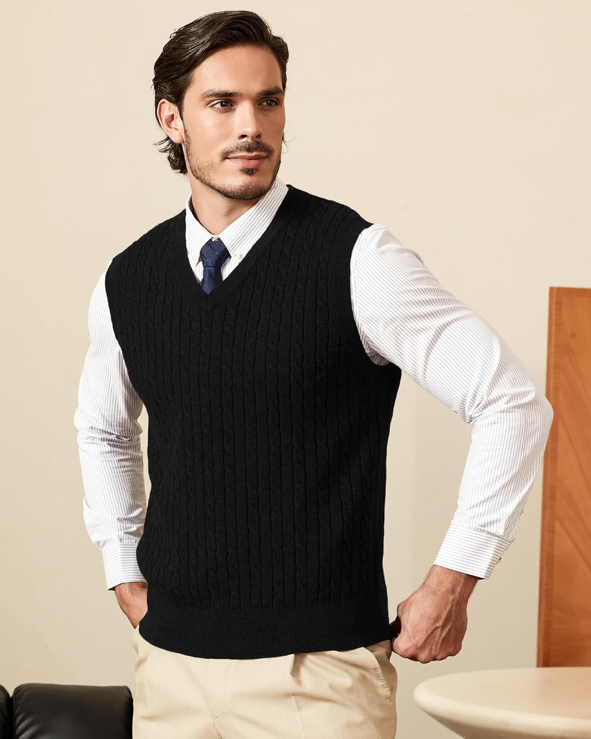Kallspin Men’s Cable Knit Sweater Vest Pure Cotton V-Neck Sleeveless Knitted Pullover for Fall Winter - Image 6