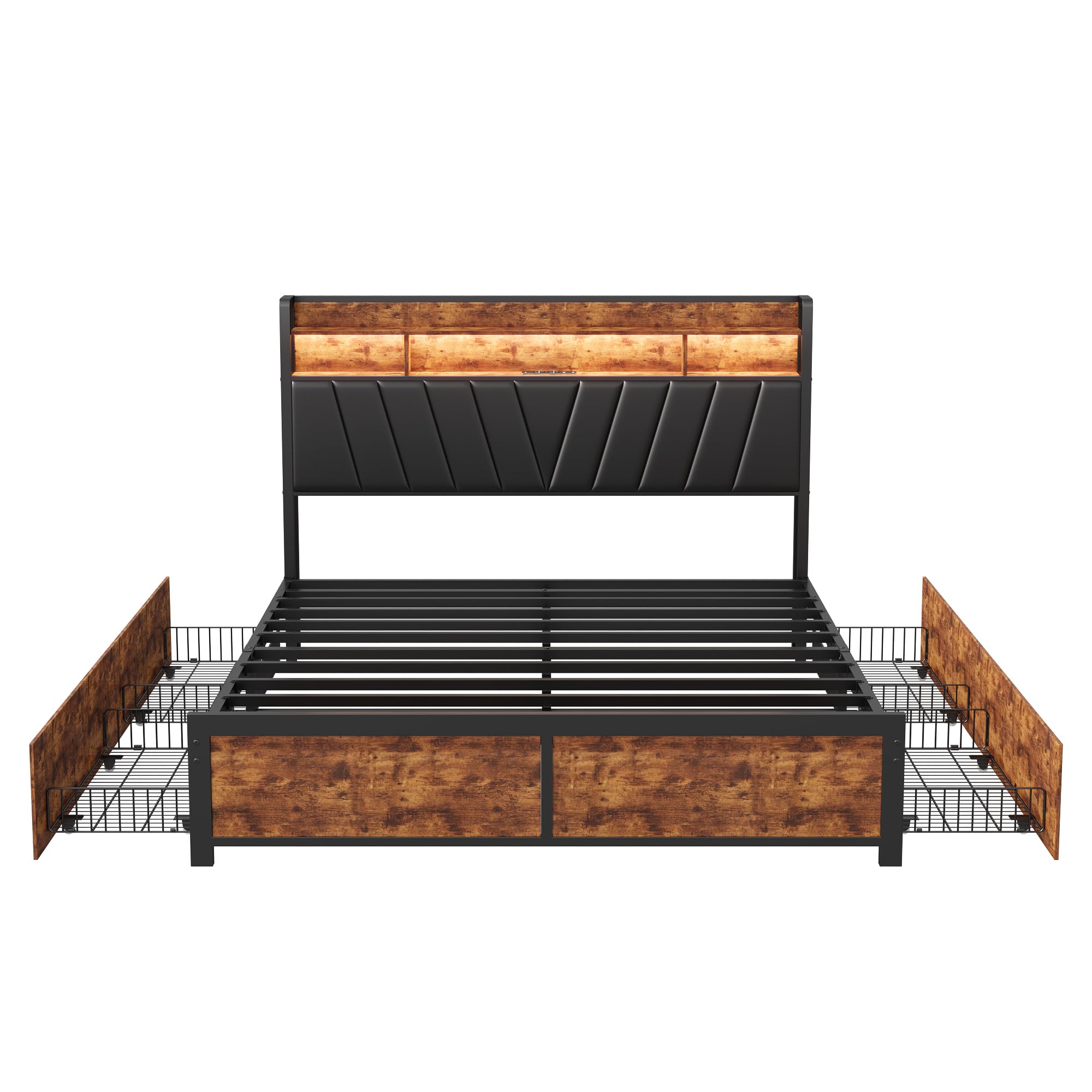 Cama doble de 140 x 200 cm con somier de láminas de metal, estructura de cama de 180 x 200 cm con enchufes, puertos USB y conectores tipo C, cama de metal de 180 x 200 cm con cabecero acolchado