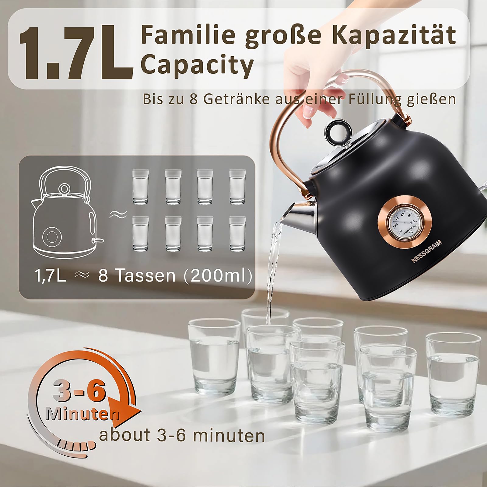 Retro-Wasserkocher, 1,7 l Edelstahl-Teekessel mit Großer Temperaturanzeige, 2200W Schnell Aufheizender Heißwasserboiler mit LED-Indikator (schwarz)