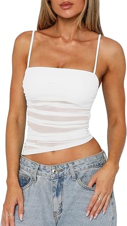 Mizoci Womens Sexy Spaghetti Straps Mesh Asymmetrical Ruched Sleeveless Going Out Camisole Crop Top