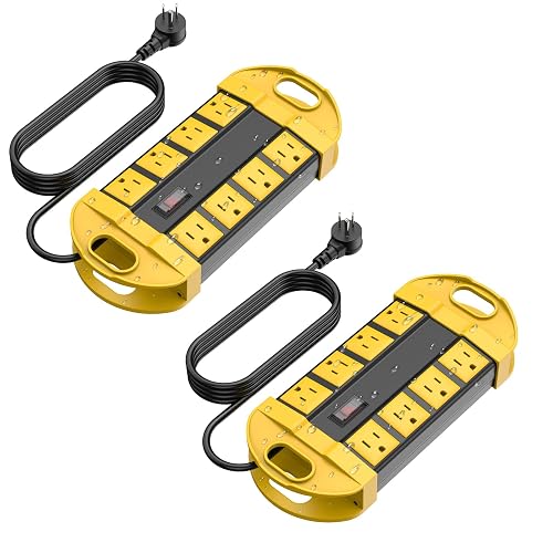 CCCEI 2 Outdoor Power Strips Weatherproof with 8 Plug, Waterproof Extension Cord with Multiple Outlets, Christmas Exterior Garden Yard Surge Protector 15FT, Yellow.