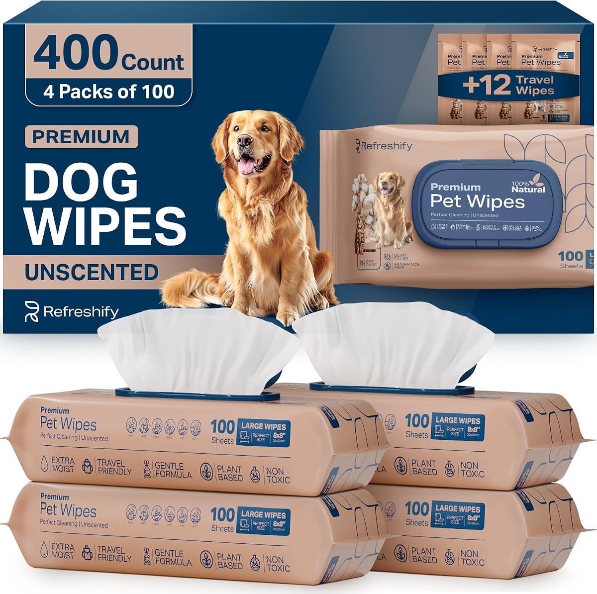 Dog Wipes for Paws and Butt - Plant Based Unscented (Pack of 400) - Pet Wipes for Dogs and Cats - Deodorizing Non Toxic Dog Wipes, +12 Additional Travel Wipes