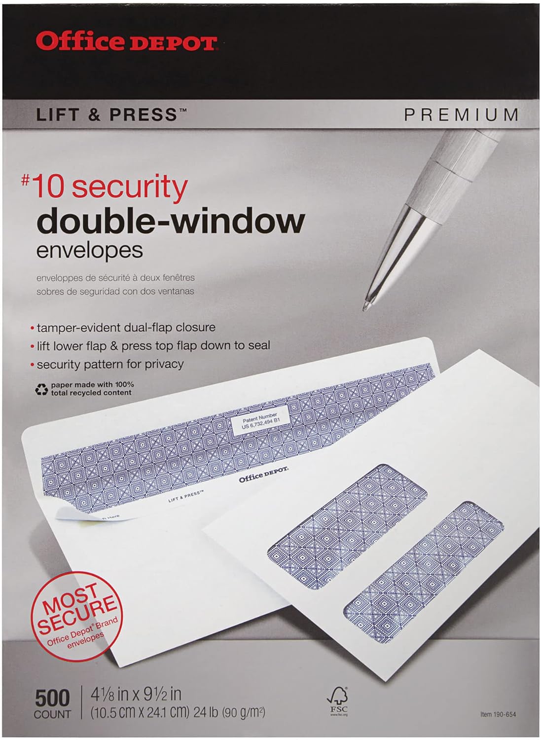 Office Depot 100% Recycled Lift Press(TM) Double-Window Envelopes, #10 (4 1/8in. x 9 1/2in.), White, Box Of 500, 76133