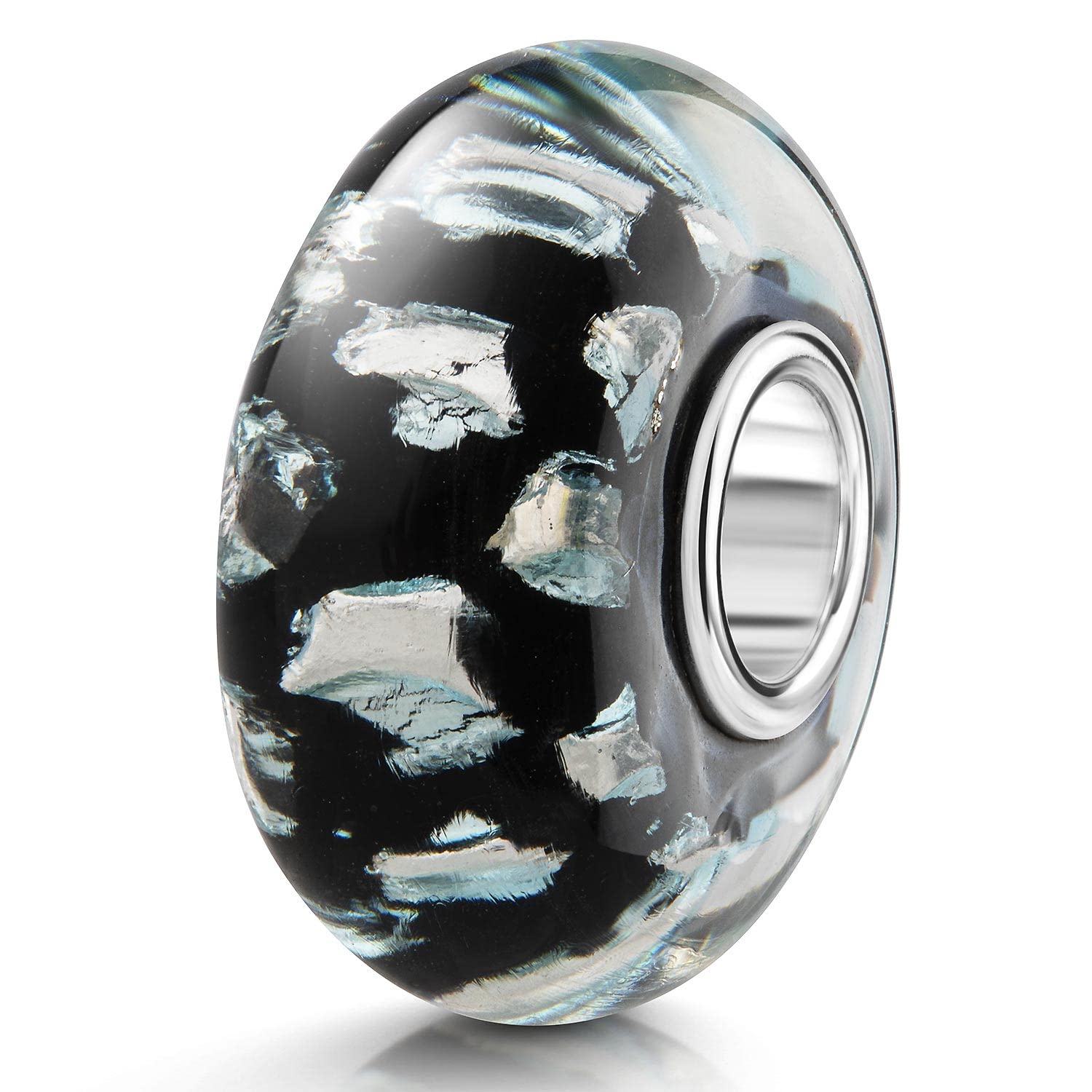 MATERIA Glas Bead Schwarz Mit Silberfolie – Für Armbänder/Ketten, 7x13 Mm, Loch 4,5 Mm, 925er Silberhülse