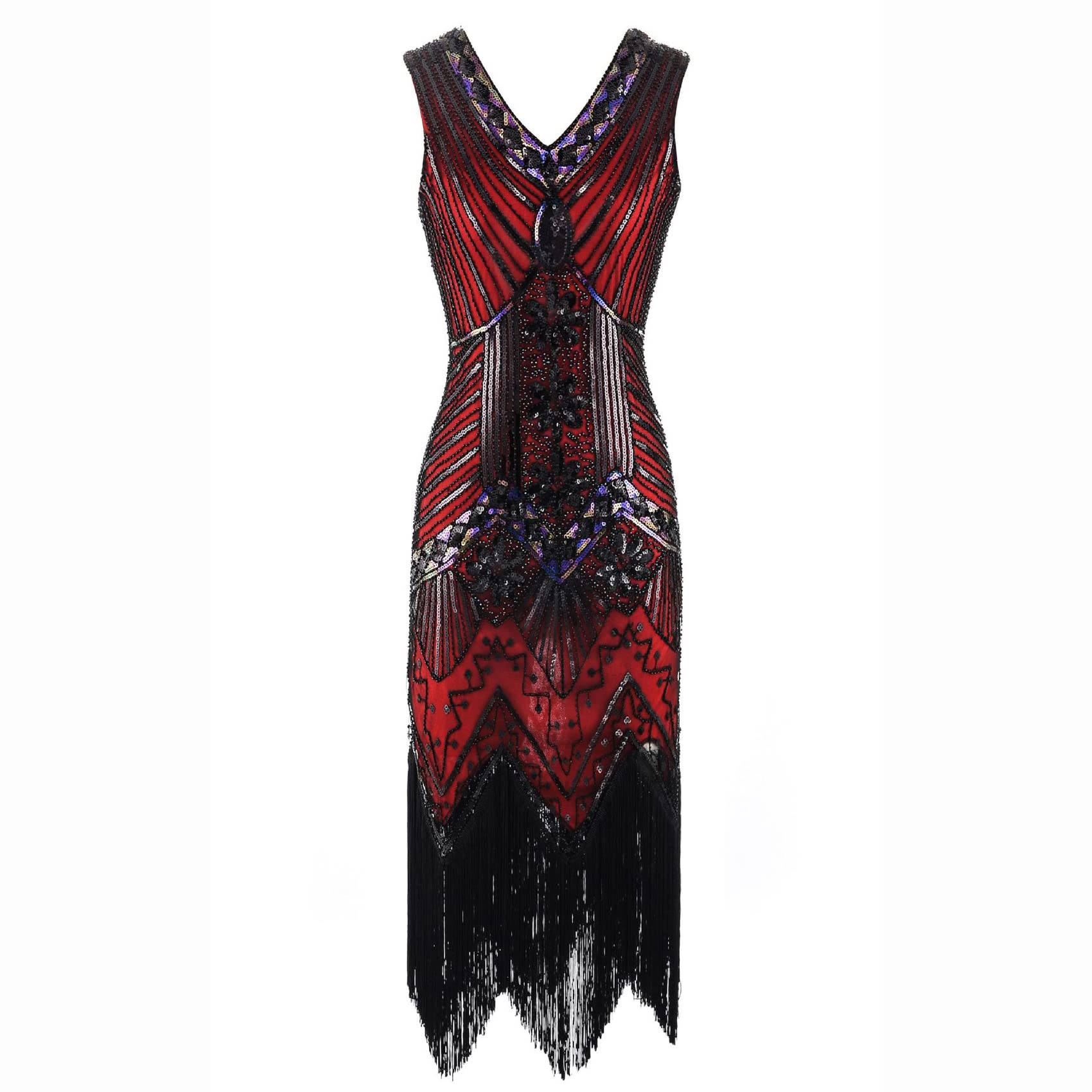 Vestido Mujer Estilo Vintage Lentejuelas con Cuentas Vestido Frente Frente Cuello En V Moda Fringe Vestido Sin Mangas Fiesta Vestido De GraduacióN