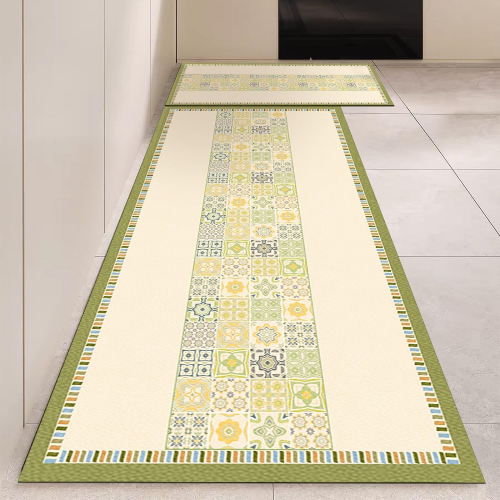 Tappeto Cucina 40X60Cm+40X120Cm Boemia Verde Tappeto Cucina Antiscivolo Lavabile Set Di 2 Pezzi,Tappetino Multiuso In Pelle,Comodità E Resistente,Per Ingresso,Camera,Bagno
