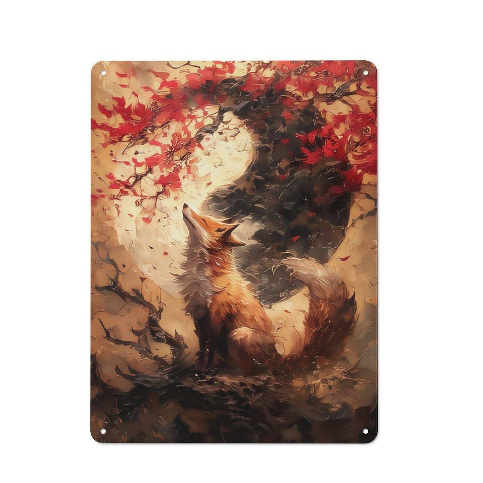 Junmoney Cherry Fox Yin And Yang Retro Metal Wall Sign 40X30cm For Guest Room Or Hallway, New-Space Wall Decor For Home Decor Collectors