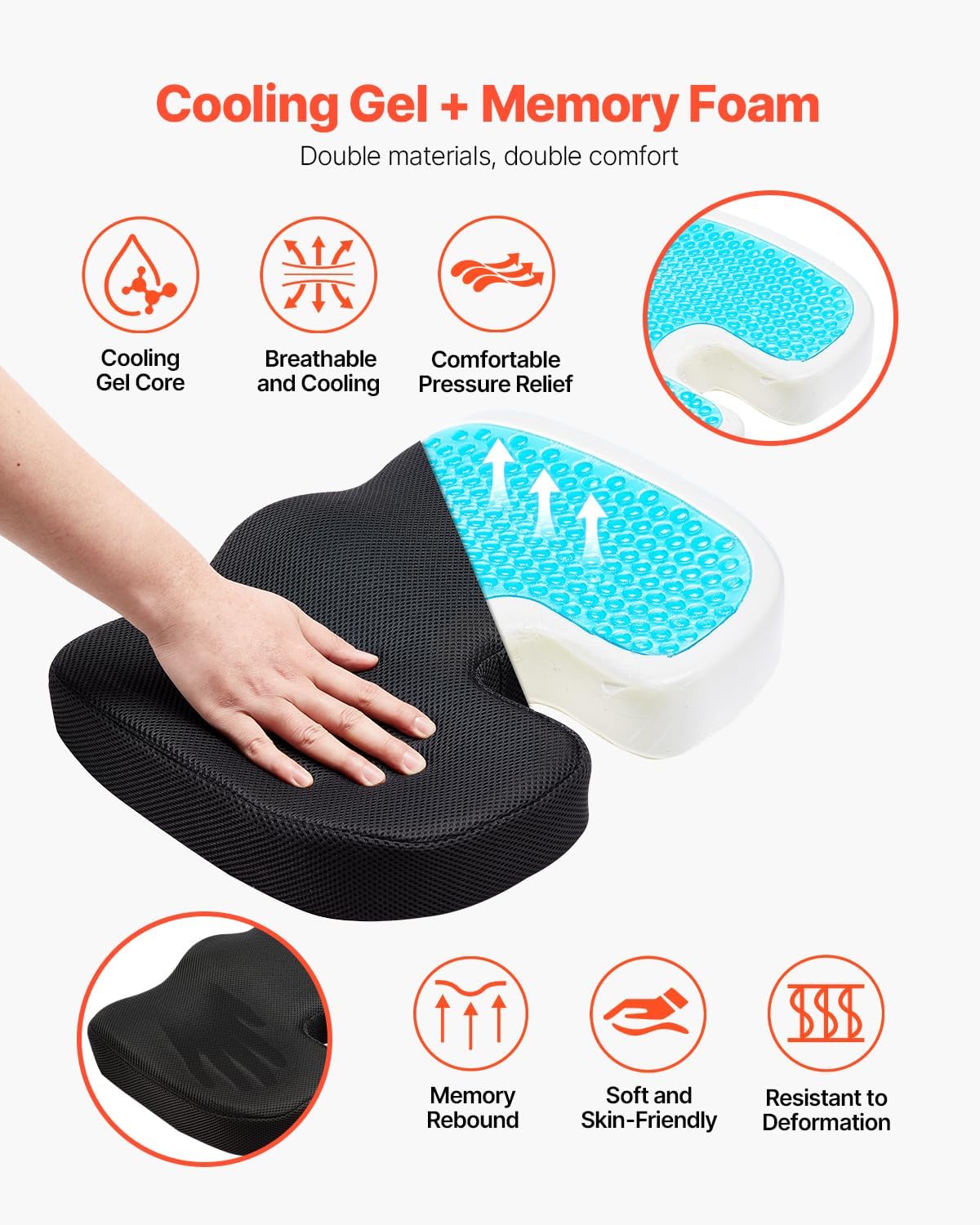 VEVOR Seat Cushion, Cooling Gel + Memory Foam Seat Cushion, Pressure-Relief Wheelchair Seat Pad with U-Shaped Cutout & Removable Cover, Lightweight and Portable for Travel, Car, Office, Airplane - Image 4