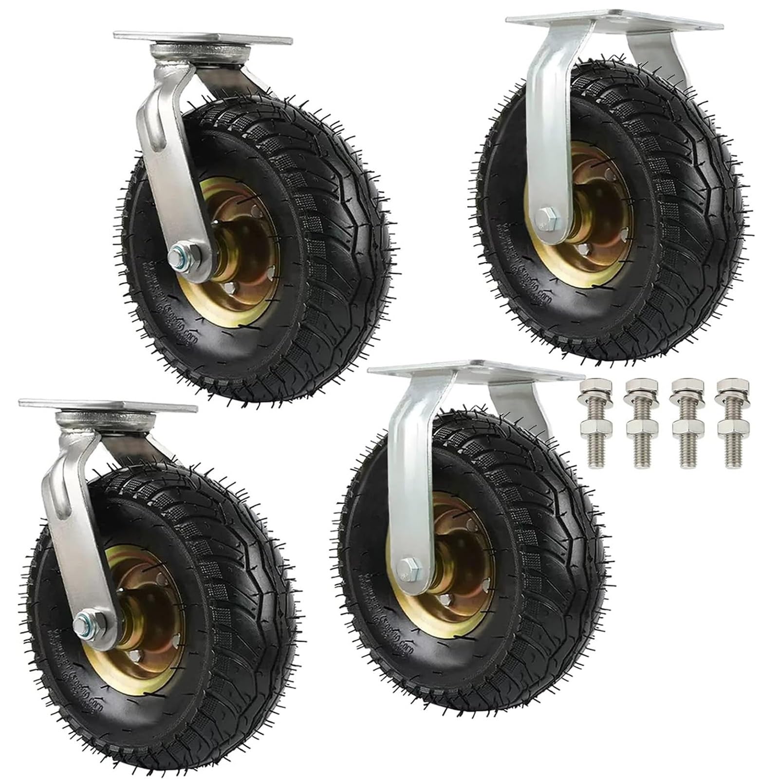 WORDFUN Ruota Gonfiabile di Gomma, Ruote per Ruote Resistenti, Ruote per Carrelli Silenziose, Set di 4 (2 con Piastra Fissa + 2 con Piastra Girevole), Ruota di Trasporto Industriale per Carrelli