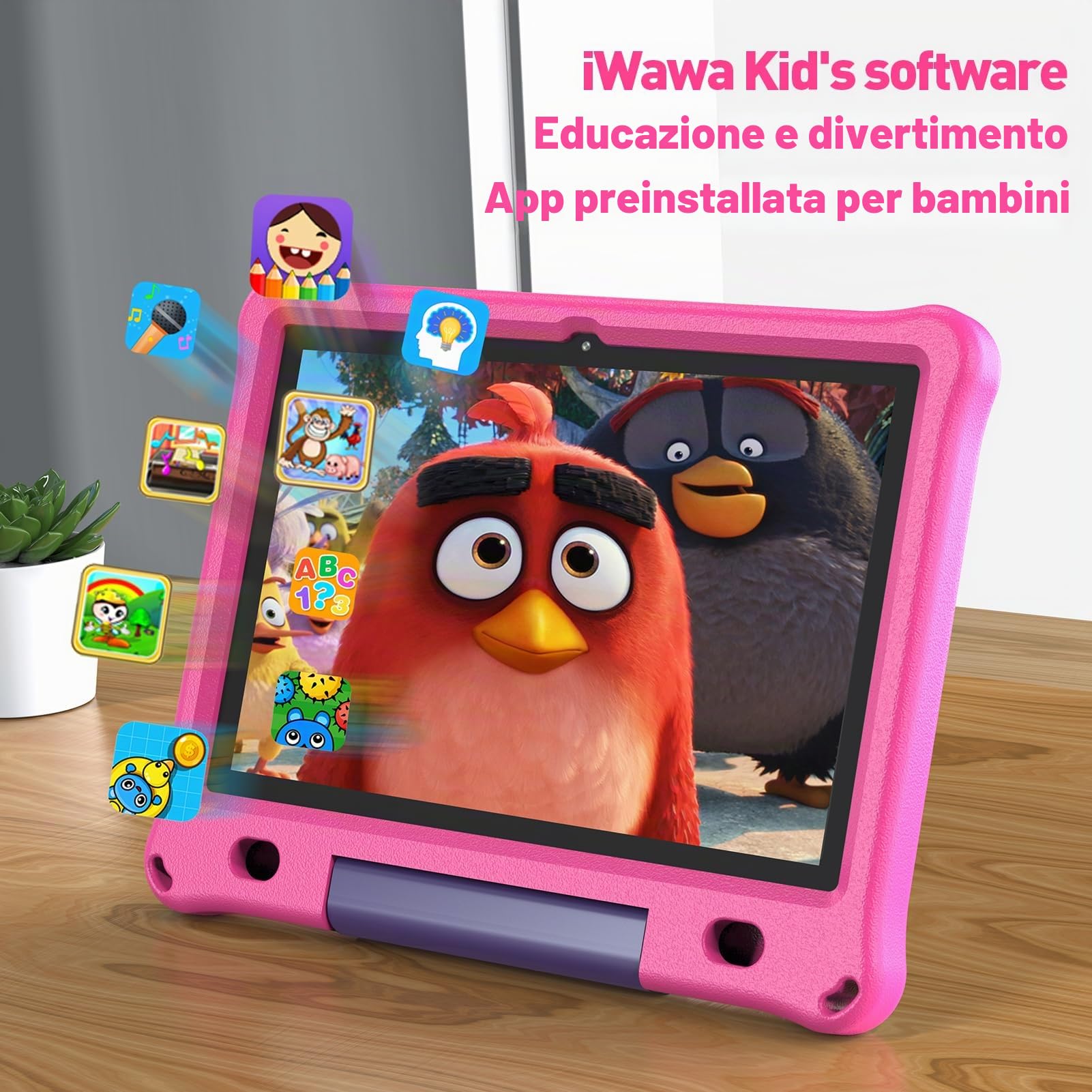 PRITOM Tablet Android 12 per bambini, schermo IPS HD da 10 pollici, 3GB+64GB, software per bambini preinstallato IWAWa, controllo app educative di gioco, WiFi, con custodia a prova di bambino, rosa