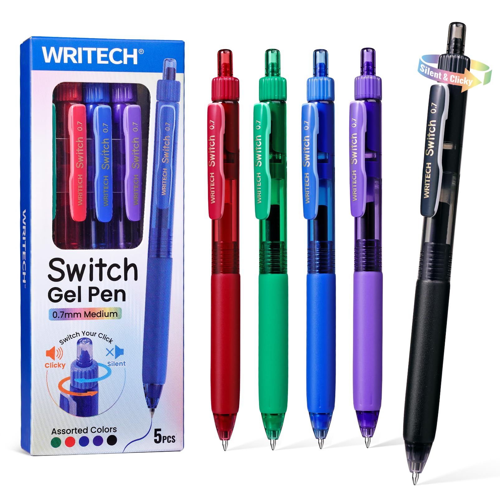 WRITECH Colored Gel Pens 0.7mm: Switch Silent Click Mode for Quiet or Click Feedback Smooth Writing Quick Dry Ink Medium Point for Note Taking Color Coding Journaling School Office Study