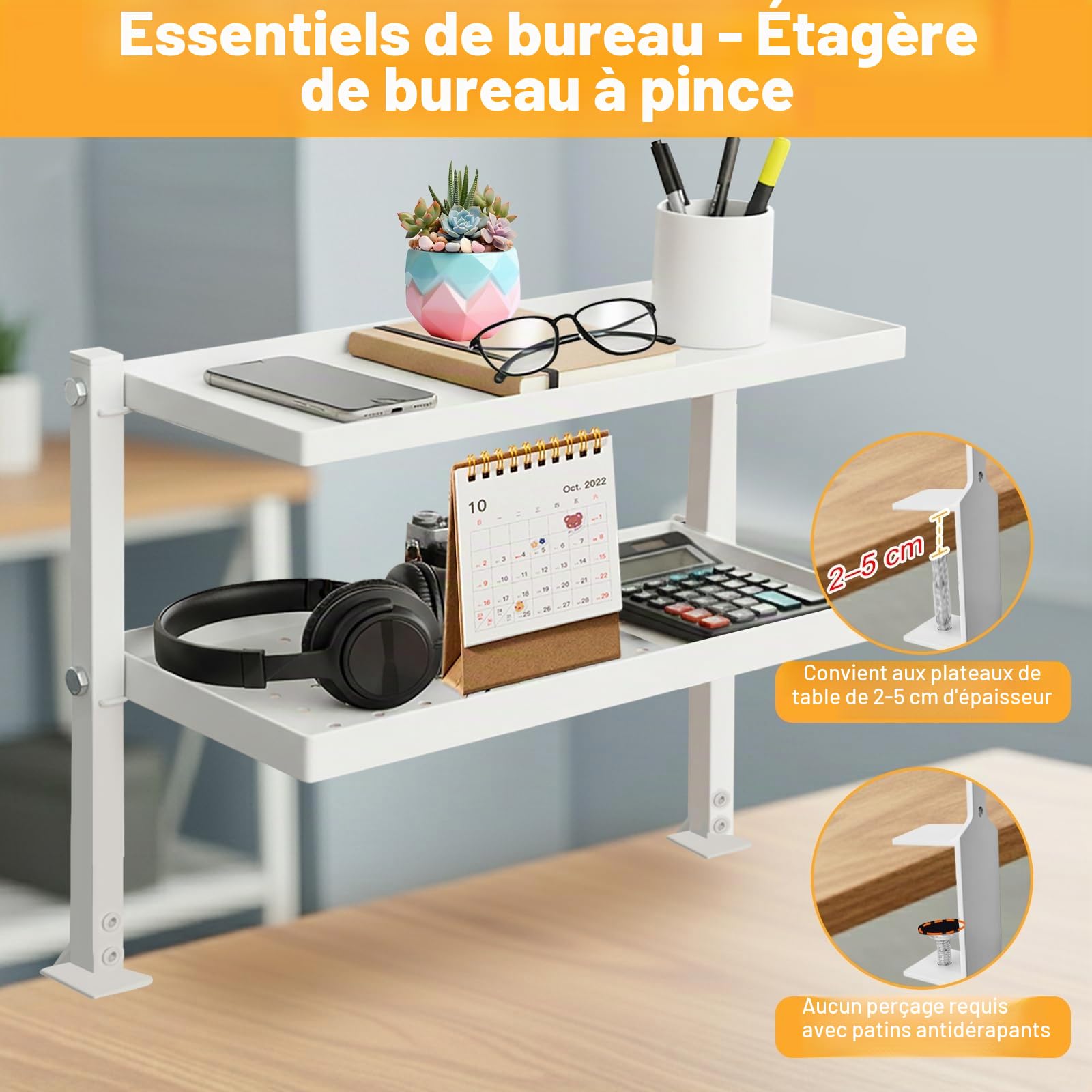 Cyiecw Clamp-on Étagère de Rangement à 2 Niveaux, Organisateur de Bureau 34 cm avec Panneau Perforé, Étagère Livre Pivotant à 270° pour la Maison, Le Bureau ou la Chambre D'étudiant, Blanc
