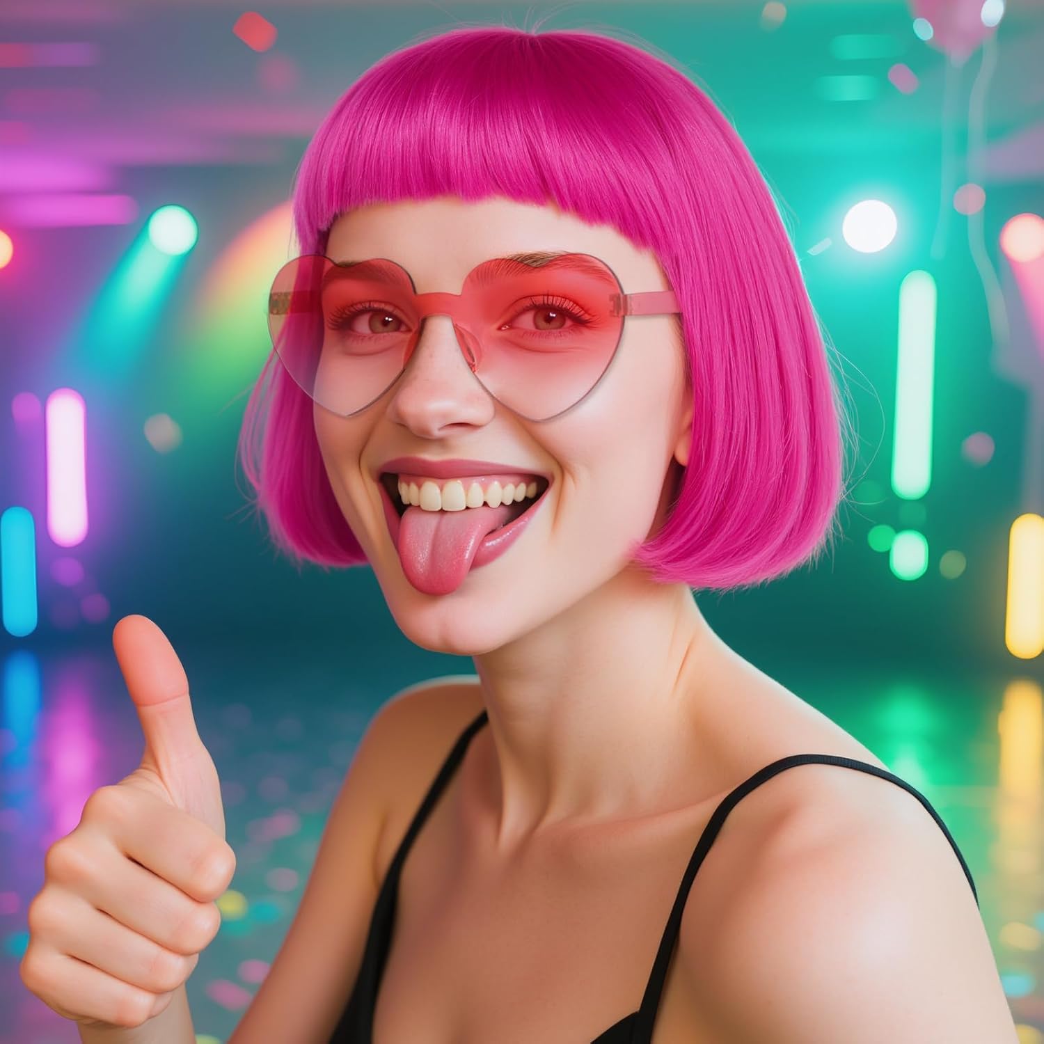 (Wig Cap + Hot Pink Bob Wig with Sunglasses for Women Short Straight Synthetic Colorful Neon Party Wigs for Halloween Costume Womens Hot Pink Cosplay Wigs for Adults Halloween Anime Outfit - Image 6