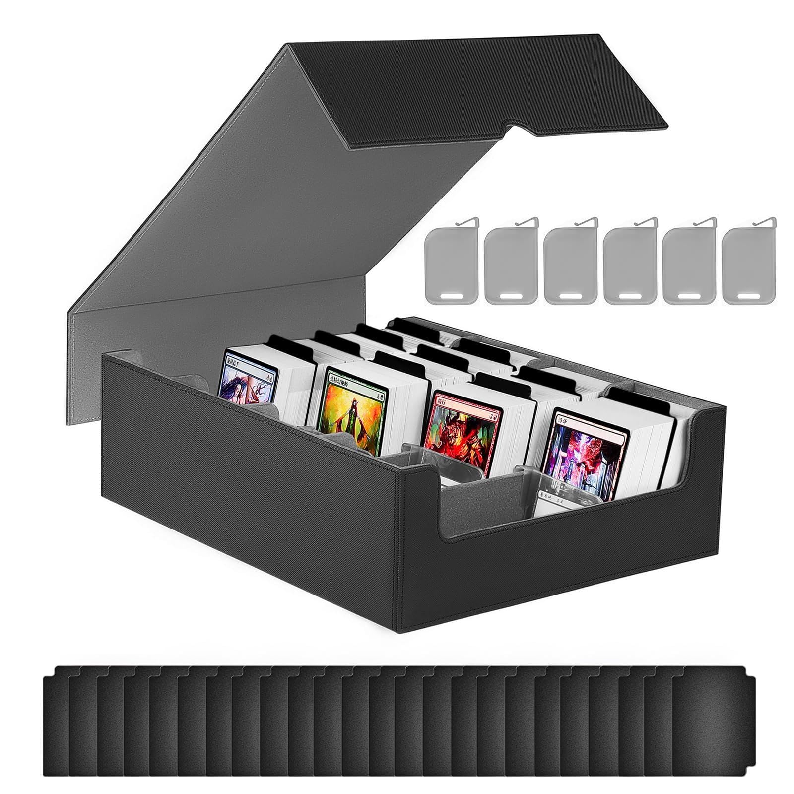 Sammelkarten-Aufbewahrungsbox, 3000+ MTG-Deck-Box mit 24 bunten Trennwänden und 6 Kartenfächern, Commander-Kartendeck-Hülle passend für Magic Game Cards, YugiOh, TCG, PTG und Sportkarten (Black