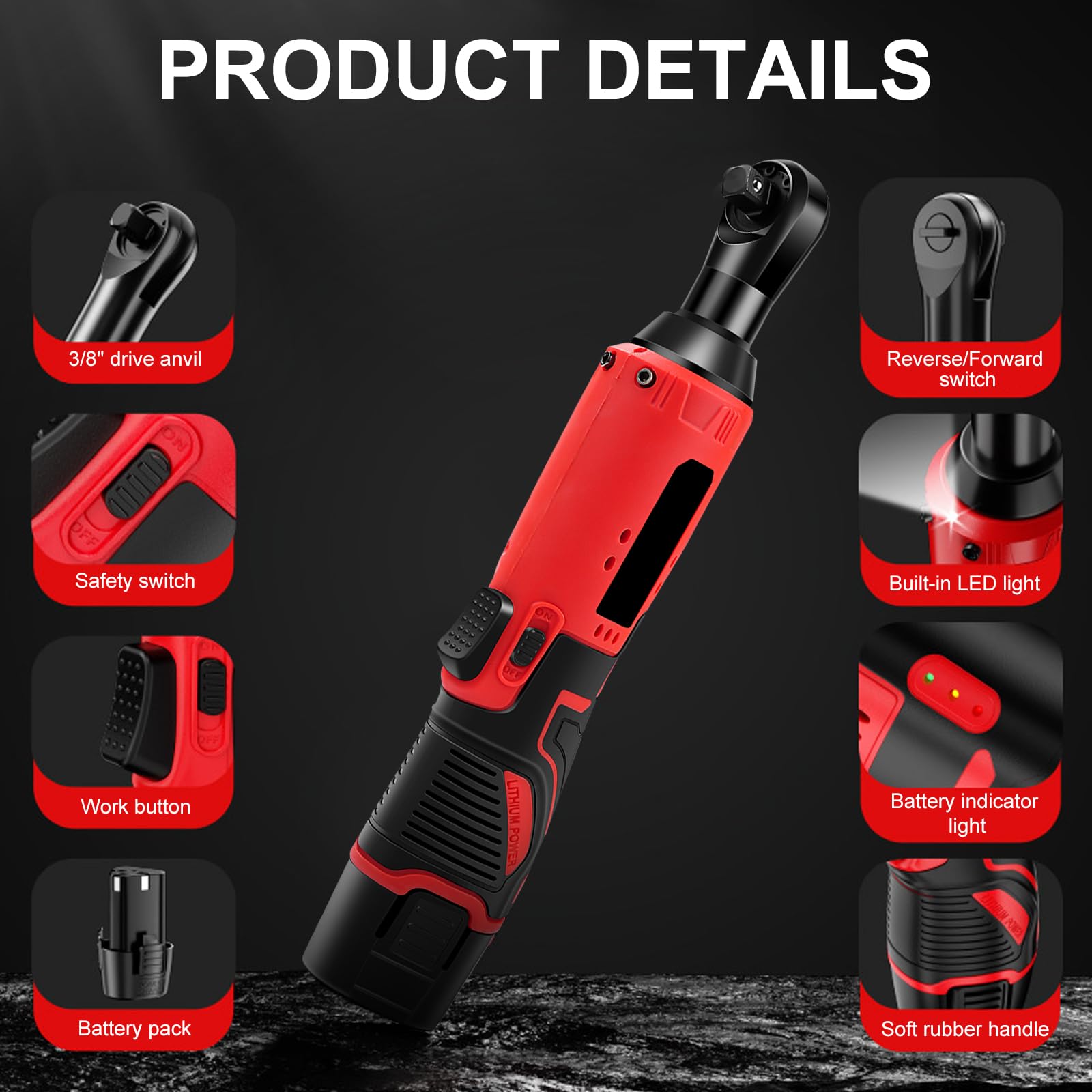VOBOR 12V 3/8" Llave de Carraca Eléctrica 35N.m, con 2x4.5Ah Baterías y Carga Rápida, 320RPM Velocidad Variable, Llave de Trinquete Inalámbrica con 7 Enchufes