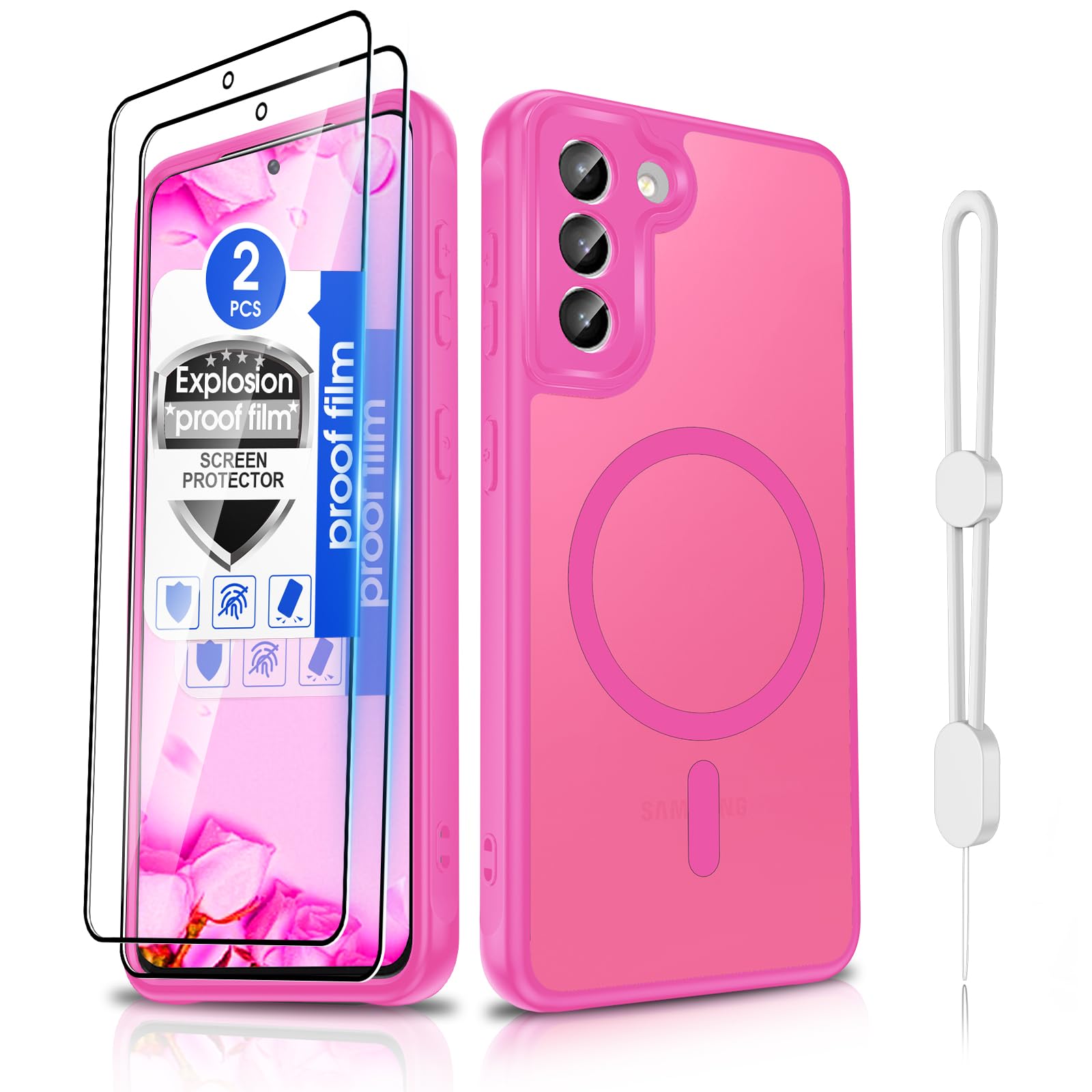 Dizn Magnetic for Samsung Galaxy S21 Plus Case:[𝐍𝐨𝐭 𝐅𝐢𝐭 𝐒𝟐𝟏] with Screen Protector,Strap,[Fit for MagSafe],Matte Translucent Cover &amp; Military Grade Shockproof Protective for S21+ 5G,Rose Red