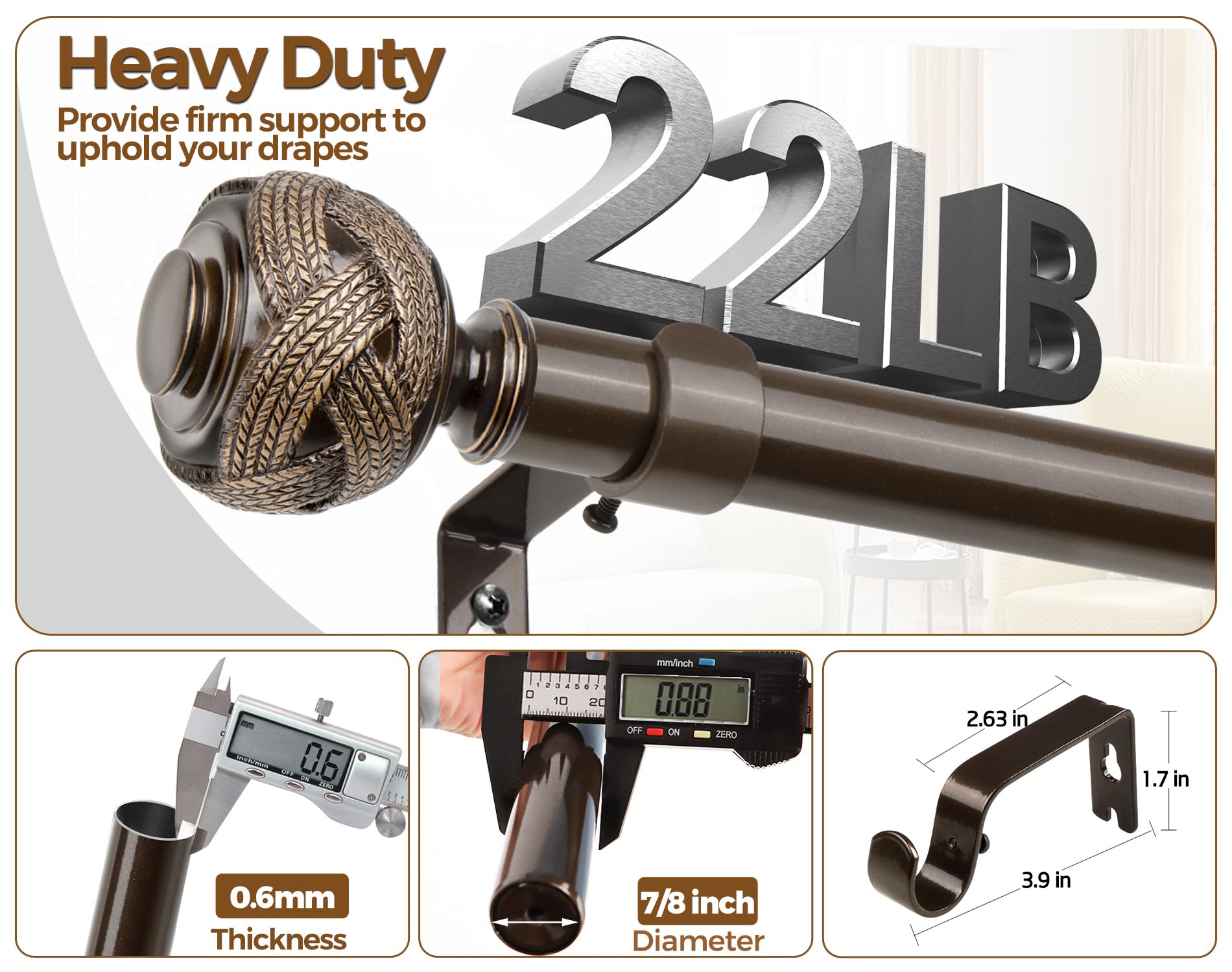 Bastone Per Tende Telescopico USFOOK In Bronzo, Da 1,5 A 2,6 M, Diametro 28 Mm, Con Terminali A Foglia, Robusto E Scorrevole, Per Finestre Da 50 A 140 Cm