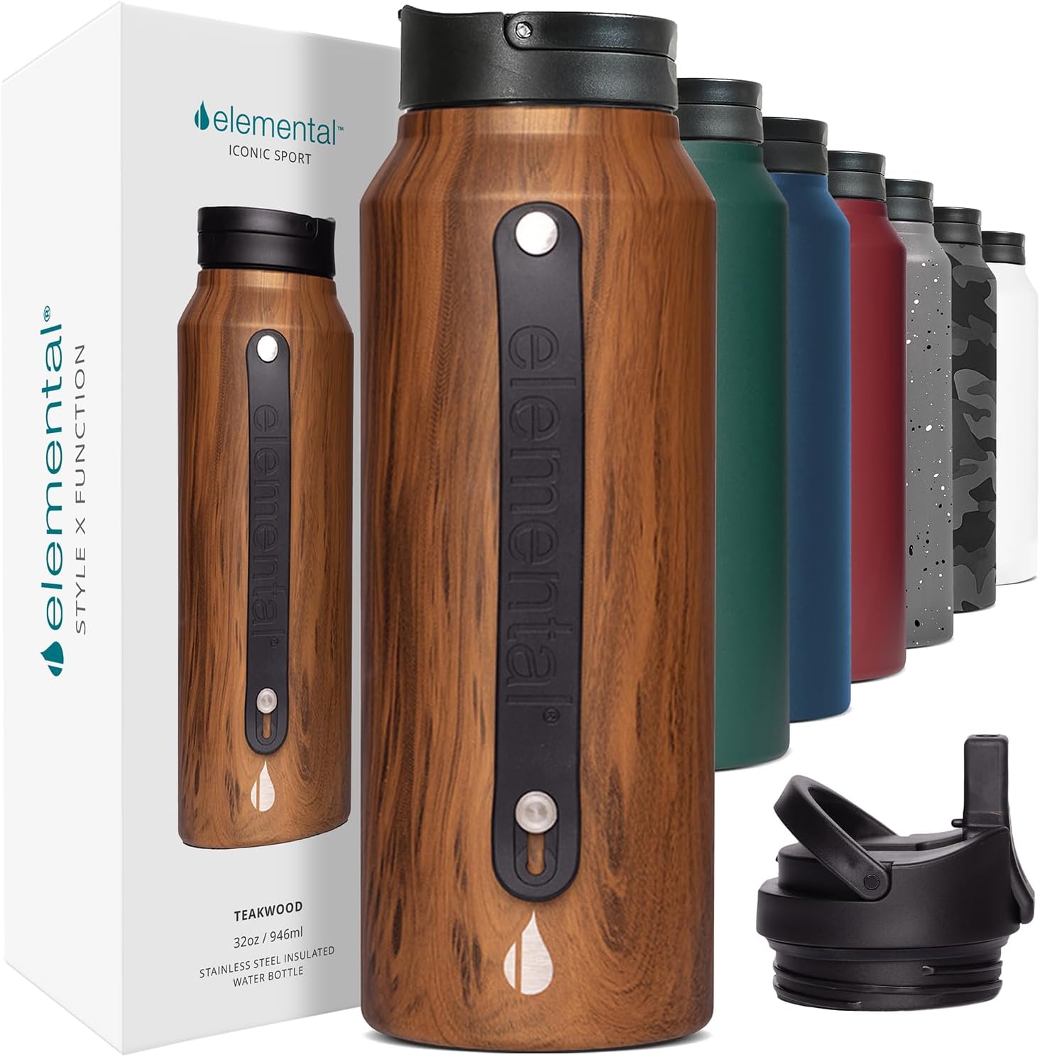 Elemental Iconic Stainless Steel Water Bottle with Straw - 32 oz Leak Proof Triple Wall Insulated Water Bottles for Travel and Sports - Reusable Gym Water Bottle with 2 Straws - Teak Wood