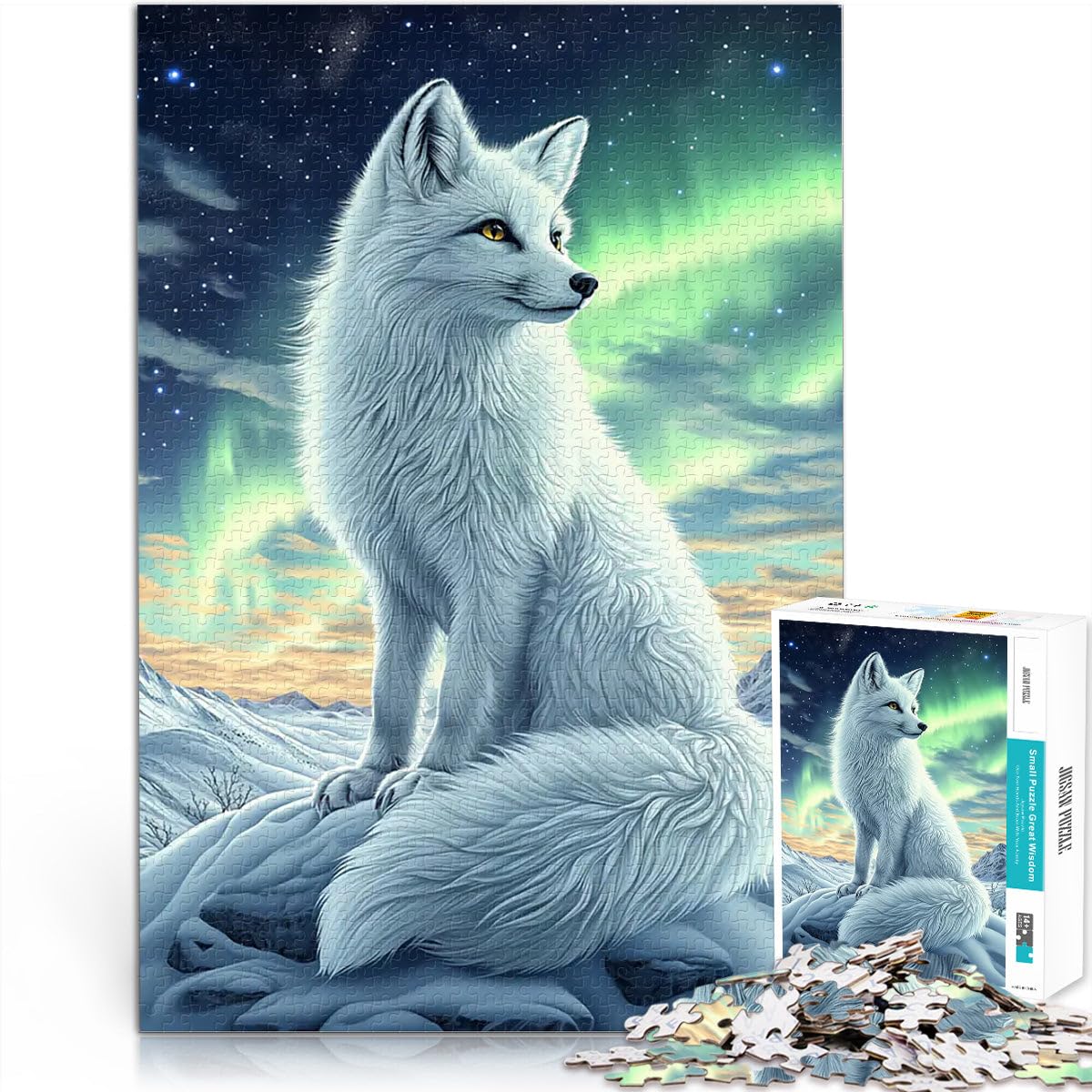 Adults Puzzles 1000 Piece Jigsaws Arctic Fox Under Aurora Borealis Mustermontage einzigartiges Herausforderungsspiel75x50cm