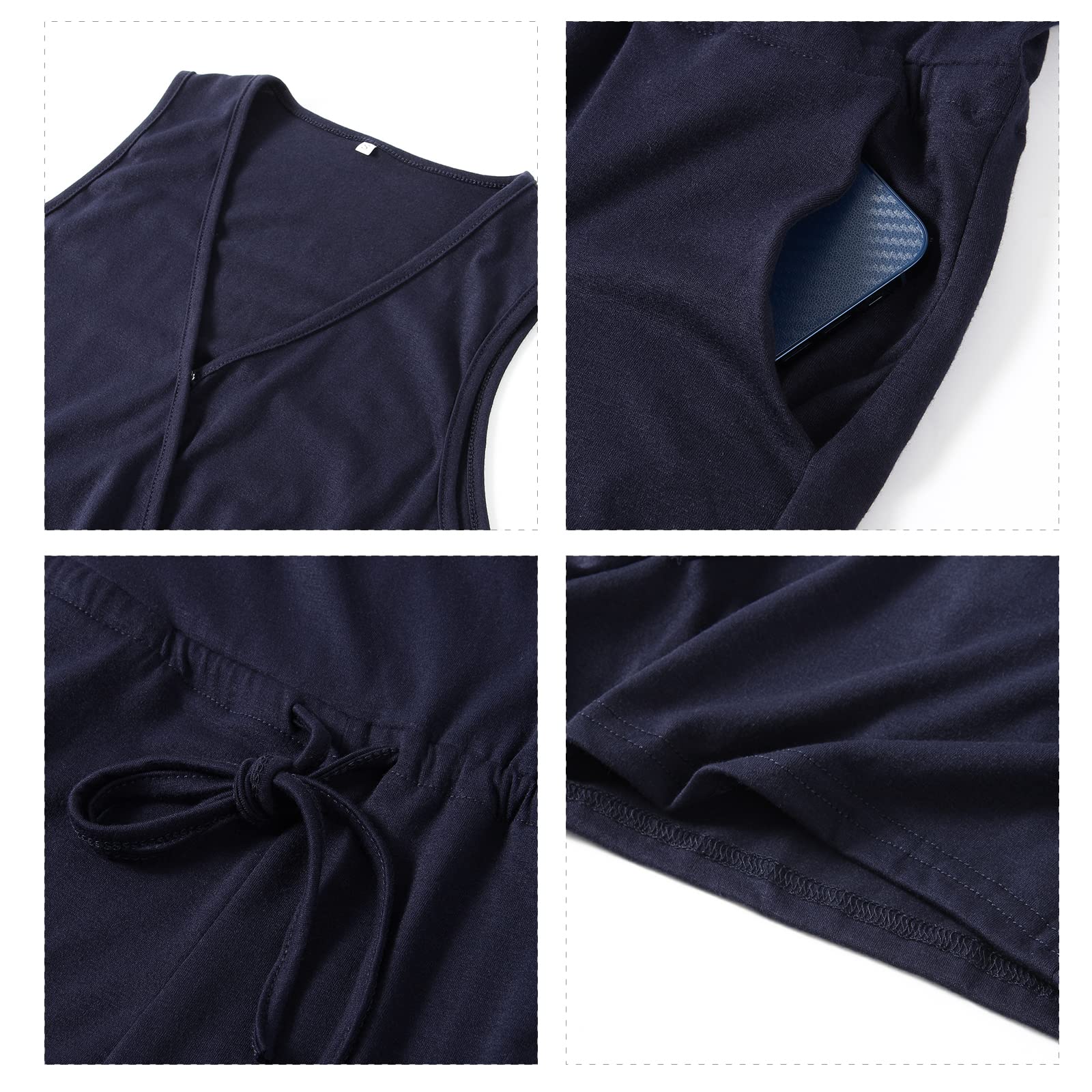 Combinaisons Été Combishort sans Manches Rompers élastique Taille Jumpsuit avec Poches