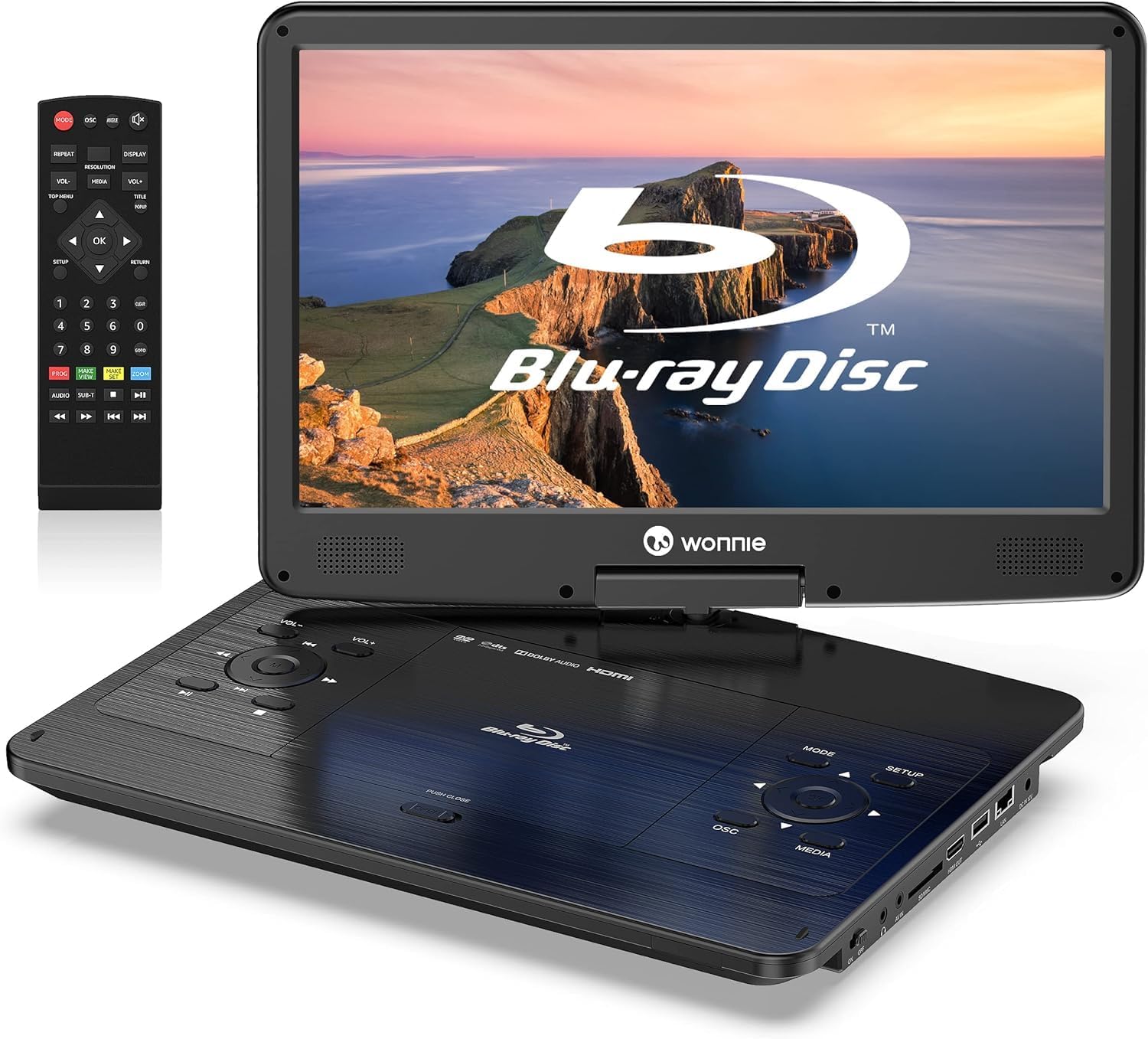 WONNIE 16.9" Portable Blu Ray Player with 14.1" 1080P Full HD Large Swivel Screen, Blu-ray DVD Player with HDMI Out & AV in, 4-5 Hours Rechargeable Battery, Support MP4, MOV Video & USB/SD Card