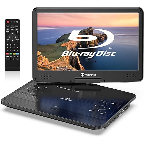 WONNIE 16.9" Portable Blu Ray Player with 14.1" 1080P Full HD Large Swivel Screen, Blu-ray DVD Player with HDMI Out & AV in, 4-5 Hours Rechargeable Battery, Support MP4, MOV Video & USB/SD Card