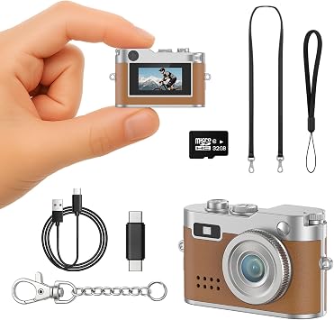 Mini Retro Camera, Portable Keychain Camera, 32GB Card, Brown