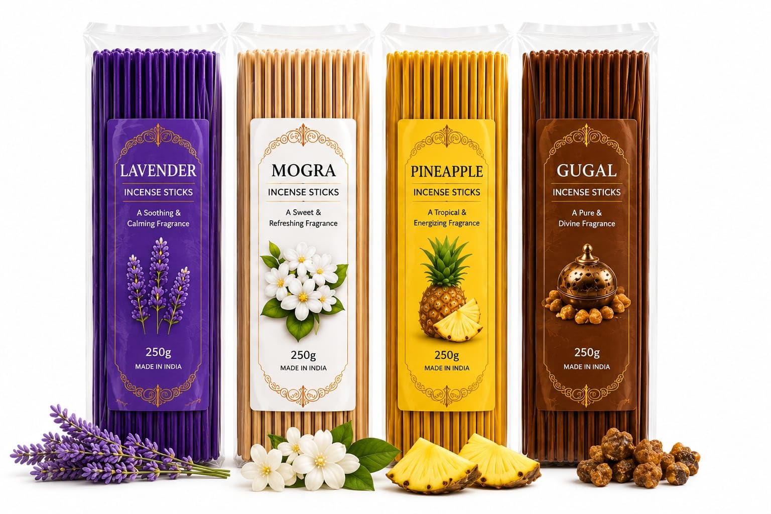 Premium Agarbatti Incense Sticks Combo of 4 Packs, Lavender, Mogra, Rose, Pineapple, Gugal & Sandalwood Incense Sticks (1 kg Combo 250g Each, Lavender + Mogra + Pineapple + Gugal)-picture-14