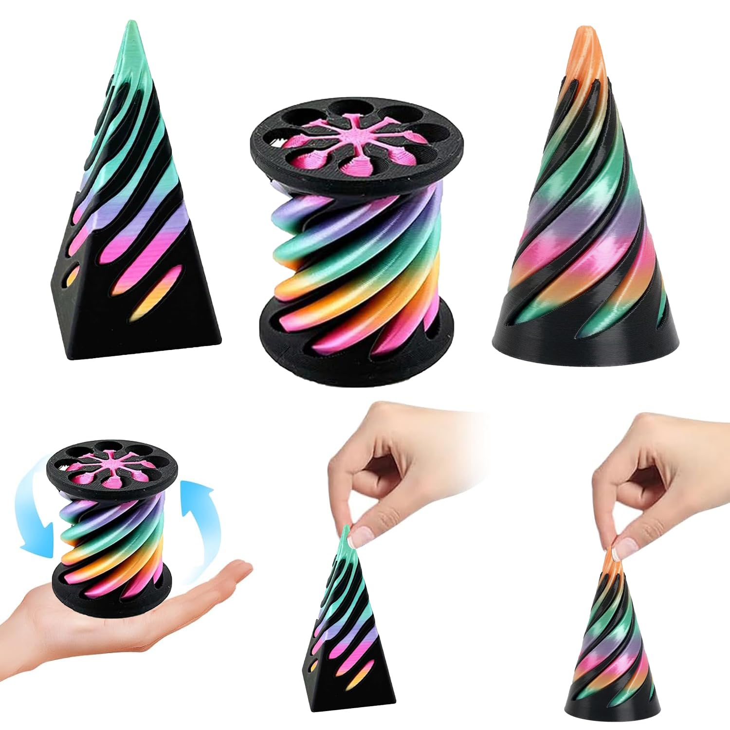 BUKLUKE Spiral Cone Fidget Toys, 3 Pairs 3D Printed Fidget Toy, Impossible Cone Conical Hand Spinners, Silicone Sensory Stress Relief Toys for Kids Adult, Colorful