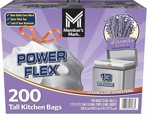 Member's Mark Power Flex Tall Kitchen Drawstring Trash Bags (13 Gallon, 2 Rolls of 100 ct., 200 count total)