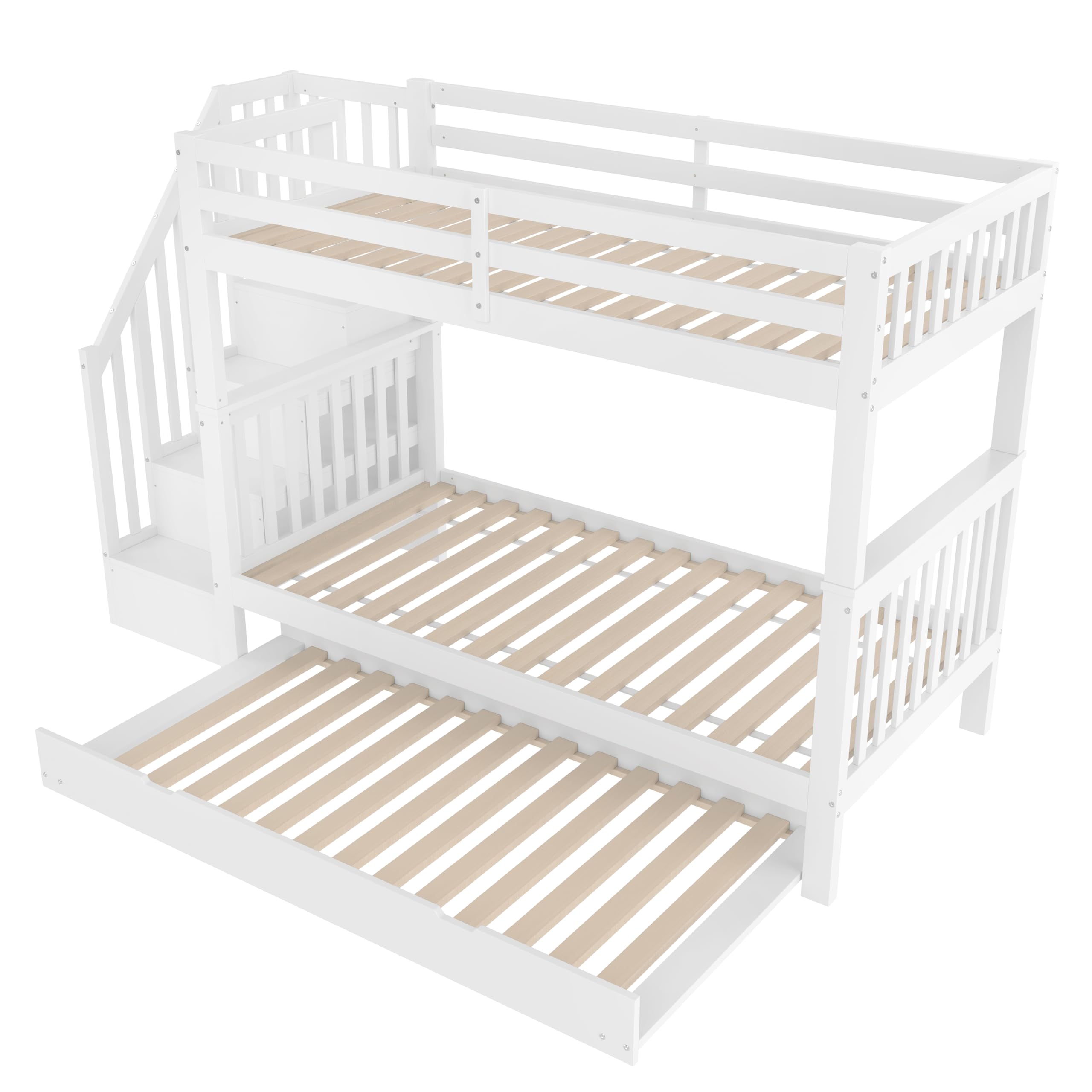 Lettino a castello, 90 x 200 cm, con ripiano per scale, dotato di letto estraibile 90 x 190 cm, rete a doghe, letto per ragazzi con ringhiera alta