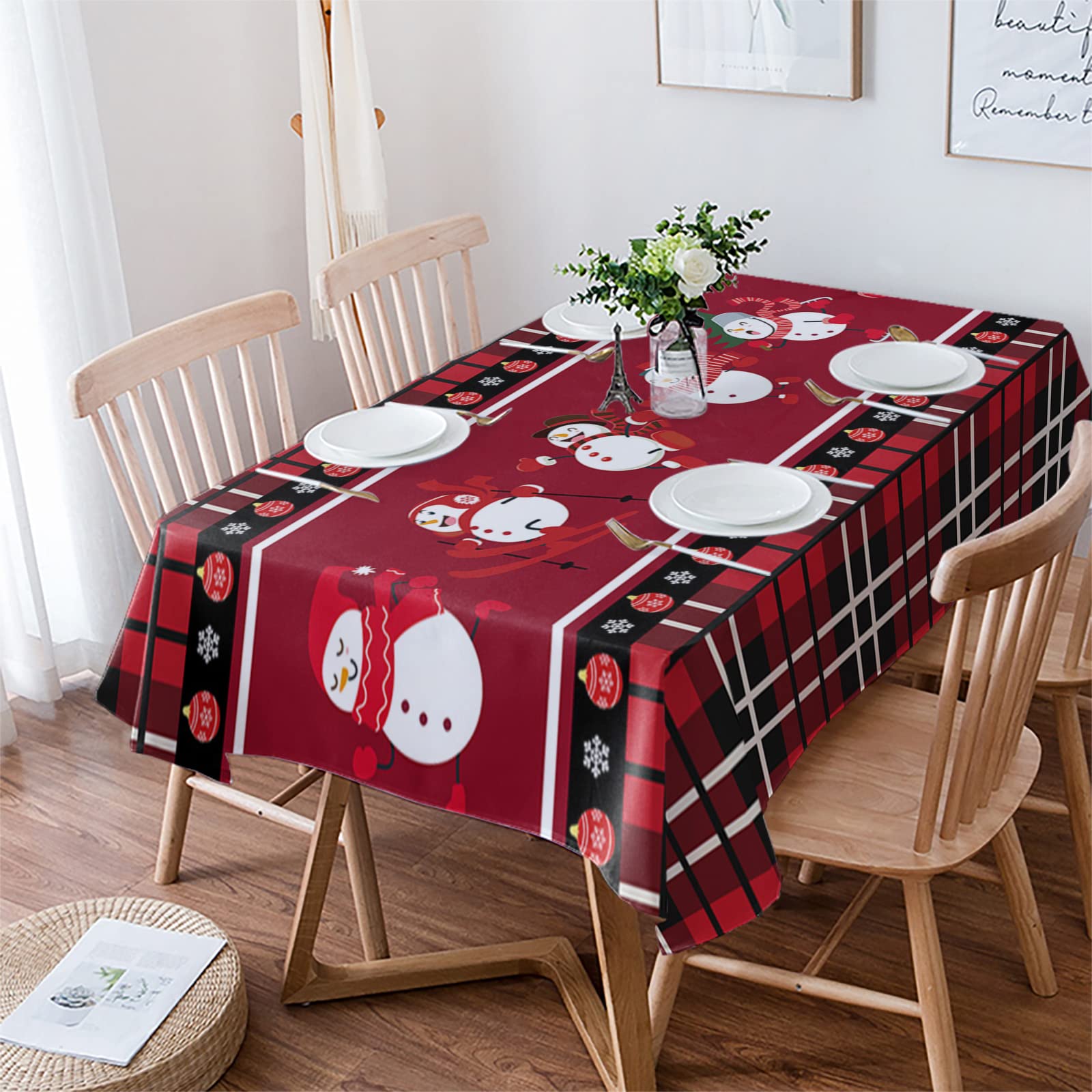 Rectangle Table Cloth 60x84 Inch Waterproof Spill Proof Tablecloth Washable Soft Polyester Table Cover for Parties Wedding Dining Room - Christmas Red and Black Checkered Winter Snowman and Snowflake