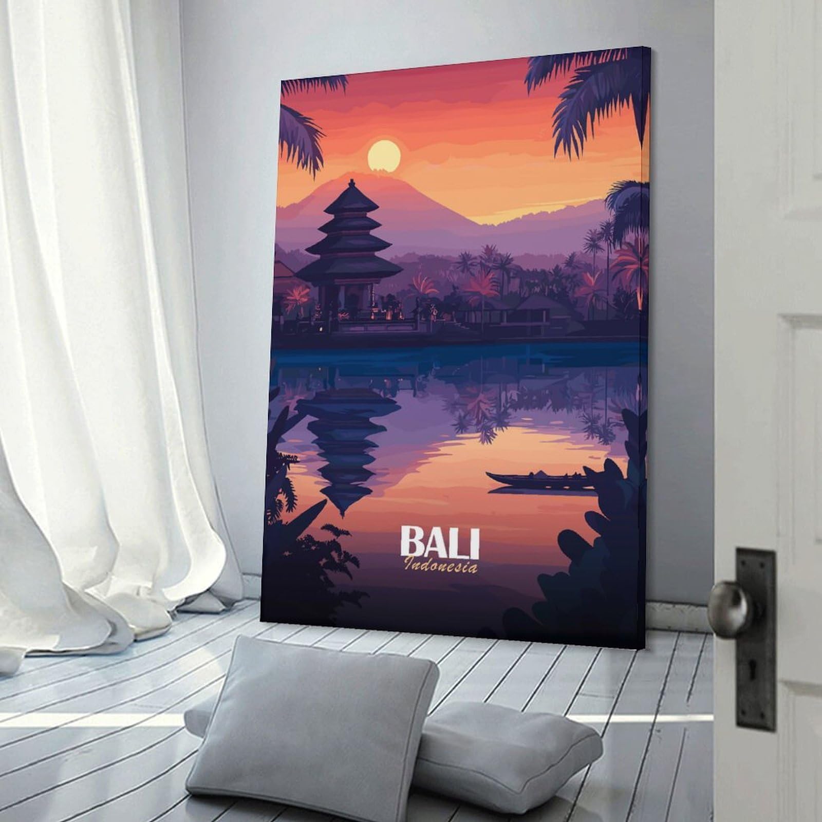Junmoney Wall Picture Print Bali, Indonesia Sunset Illustration, 20x30inch(50x75cm), for Entrance Walls, Hall Decor Or Foyers, A Neat Decor Update for Hallways