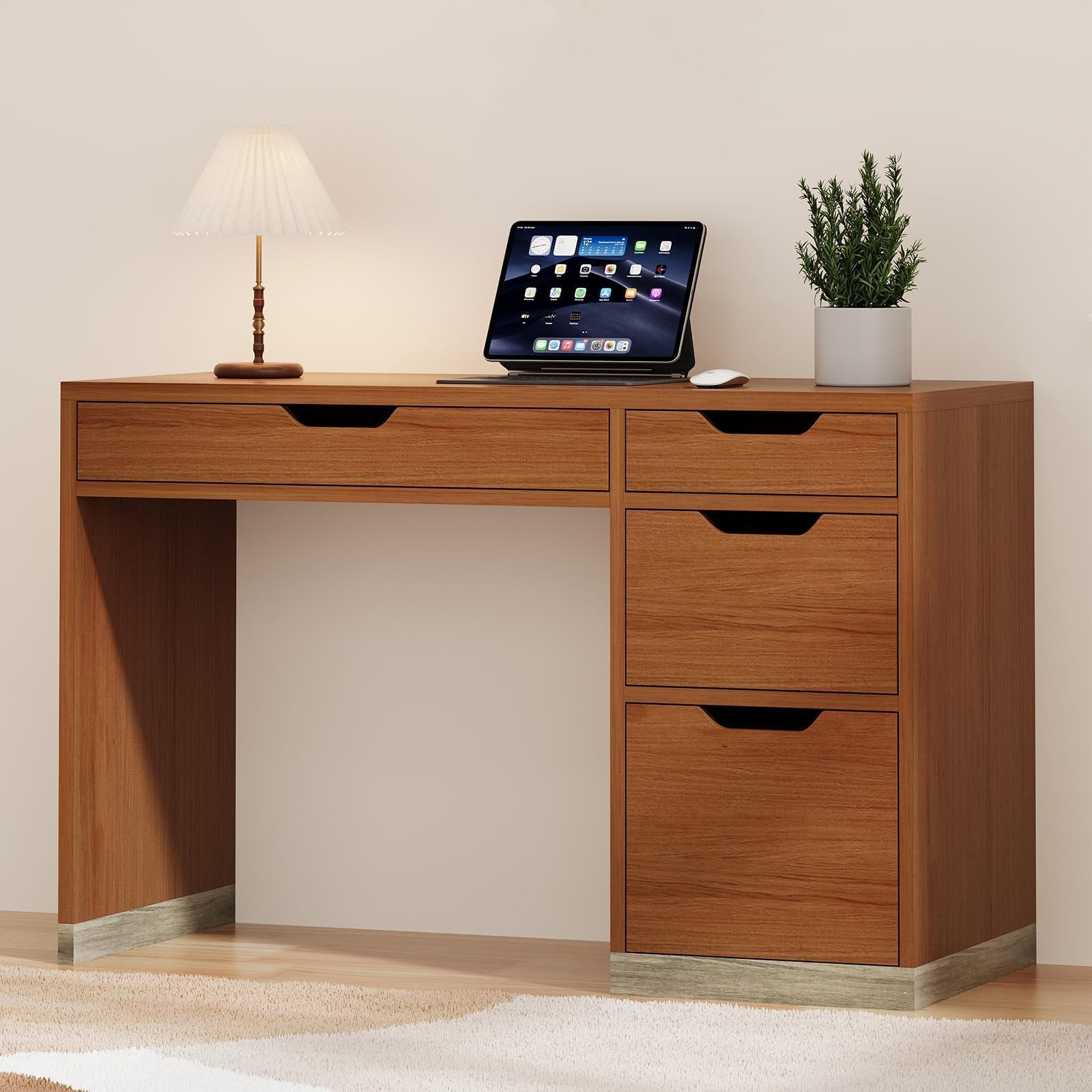 MaverickFurni Small Computer Desk with Drawers, 48 Inch Home Office Desk with Storage for Bedroom, Wood Study Desk for Small Space, Writing, Brown