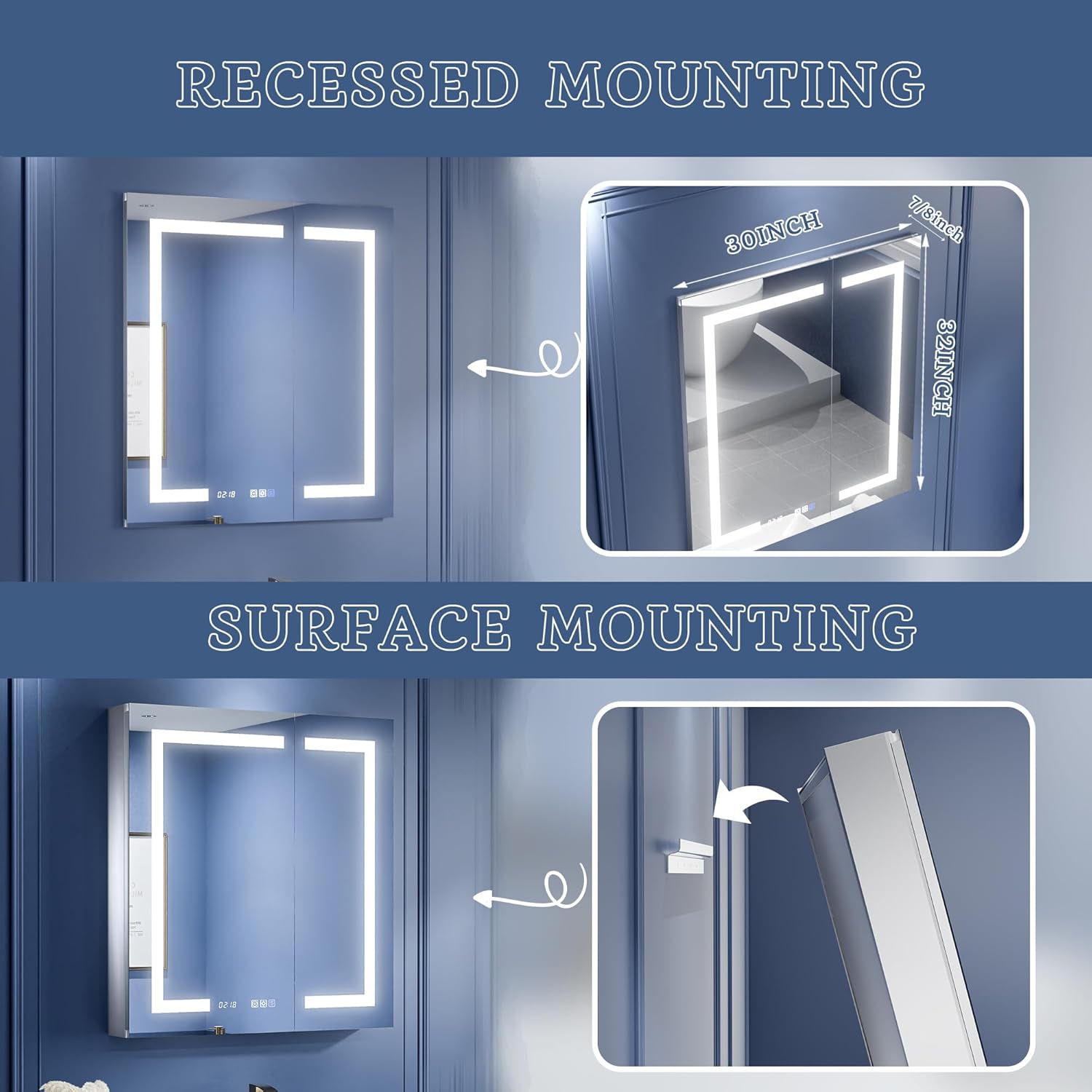 Diagram illustrating recessed and surface mounting options for the medicine cabinet