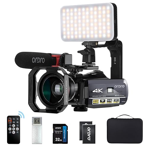 ORDRO 4K Camcorder Video Camera, IR Night Vision Camcorder, Vlogging Camera with Microphone, LED Light, Wide-Angle Lens, Handheld Holder and Carrying Case - AC3 Combo 5