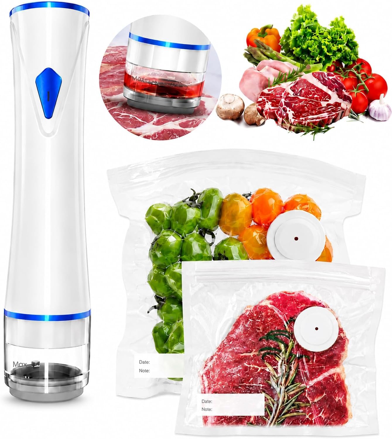 Macchina per sottovuoto compatta per alimenti (macchina per sottovuoto + sacchetti sottovuoto riutilizzabili), potente macchina portatile per sottovuoto per alimenti, salva pasti per la freschezza