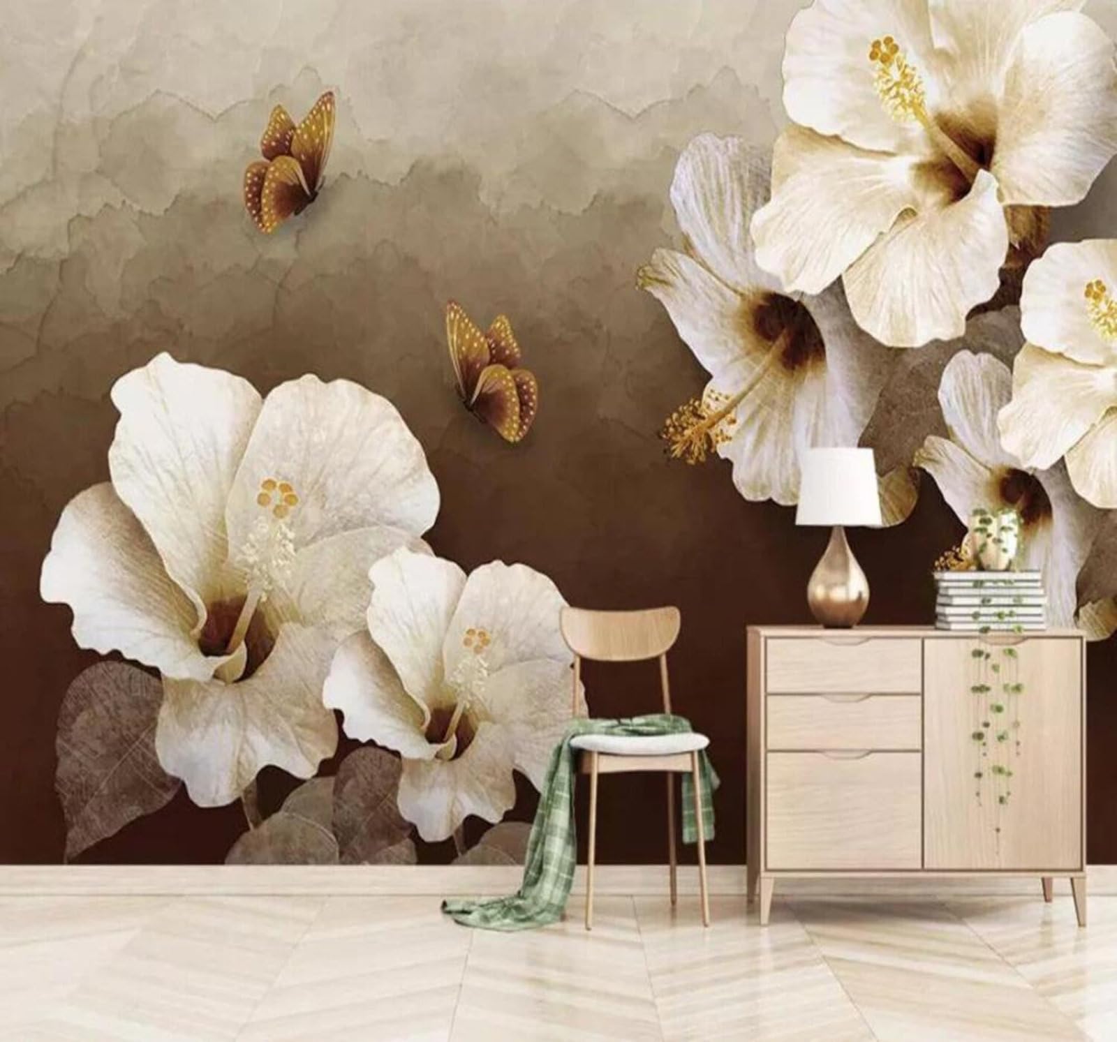 Tzxztt 400Cm×280Cm(B×H) Three Dimensional Cosy Beautiful Nostalgic Flowers Butterflies Modern 3D Wallpaper Premium Textured Silk Neutral Tones Material Ideal For Living Room Bedroom-400Cm×280Cm