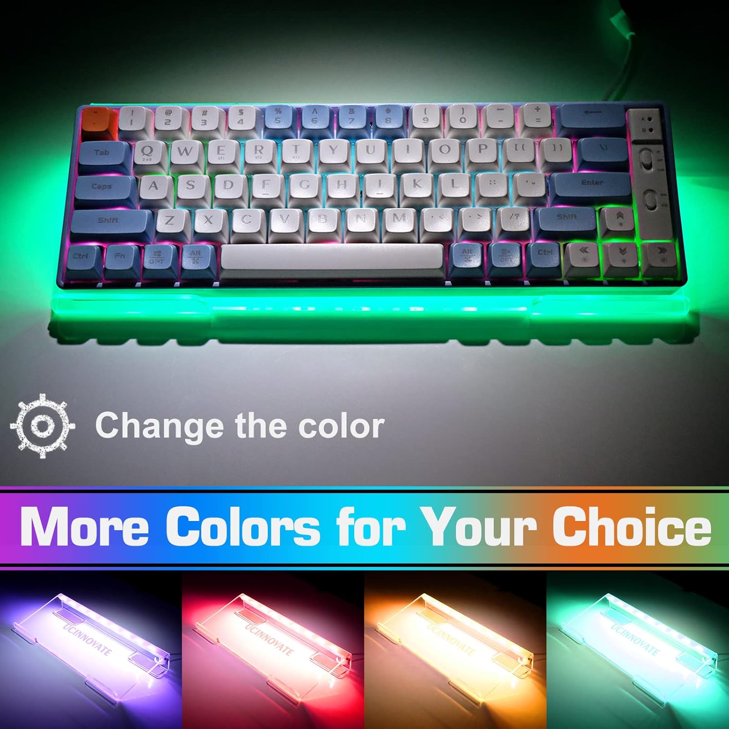 UCINNOVATE RGB Acrylic Computer Keyboard Stand, Mini LED Backlit Tray, 60% Gaming USB Interface Tilted for Easy Ergonomic Typing and Working, Office Desk, Home
