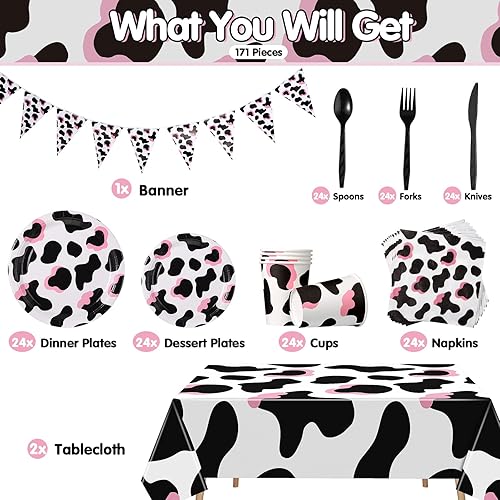 Miniatura 2 de 171 piezas de suministros de fiesta con estampado de vaca rosa, incluye platos, tazas, servilletas, cuchillo, cucharas, tenedores, vajilla para 24