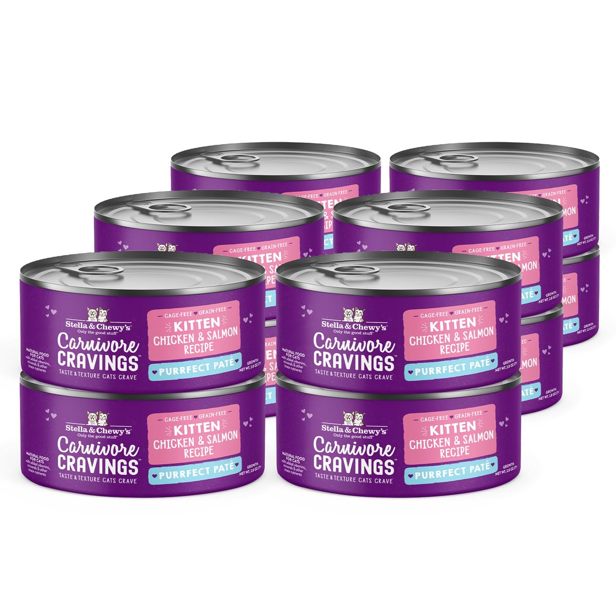 Stella & Chewy's Carnivore Cravings Purrfect Paté - Premium Grain-Free Wet Kitten Food - Chicken & Salmon Recipe - High Protein with Bone Broth - Perfect for Picky Kittens - 2.8oz Cans (12 Pack)