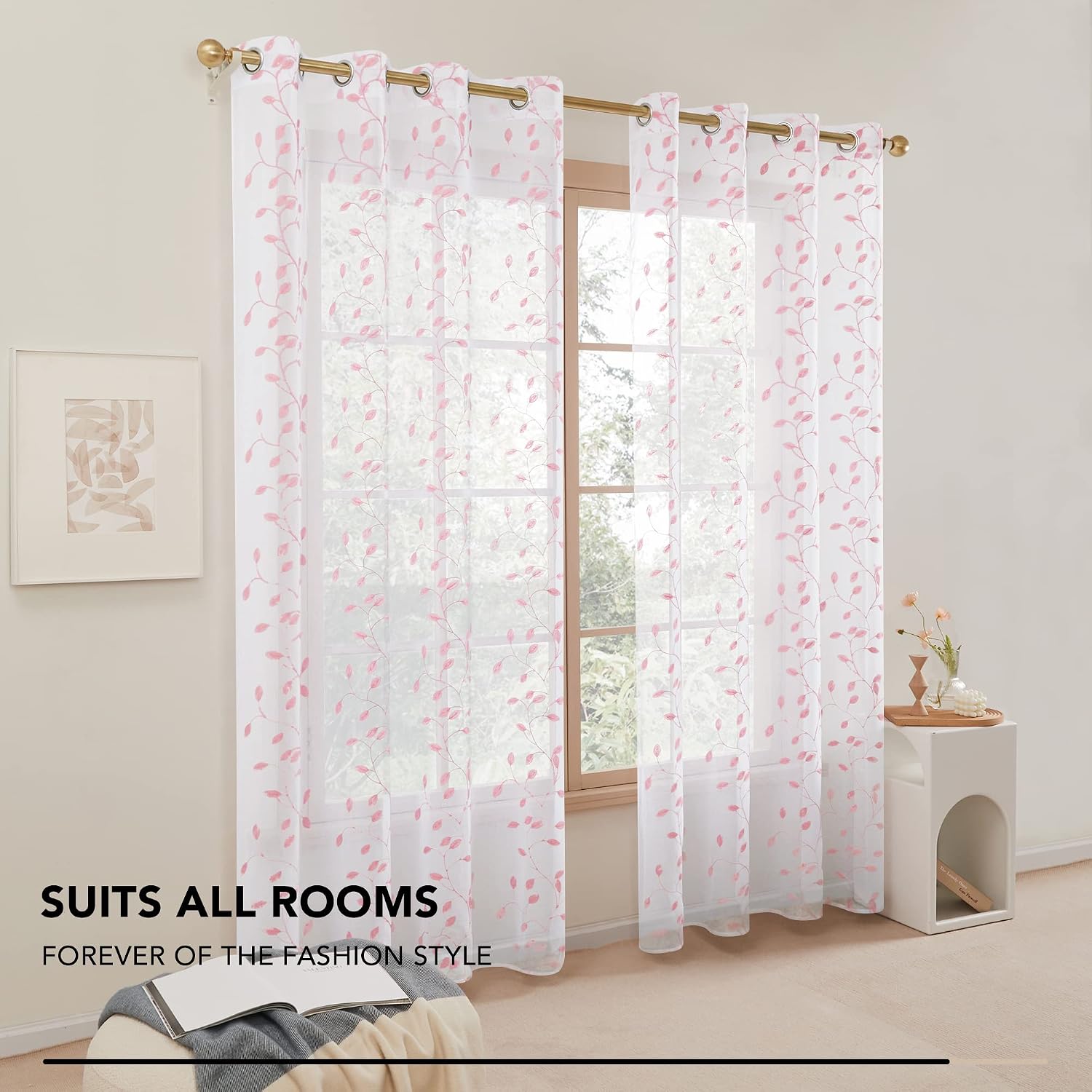 Deconovo Set of 2 Net Curtains Living Room with Morif Embroidery Eyelet 140 x 280 cm Pink Linen Effect, Flowers, Pink - Image 3