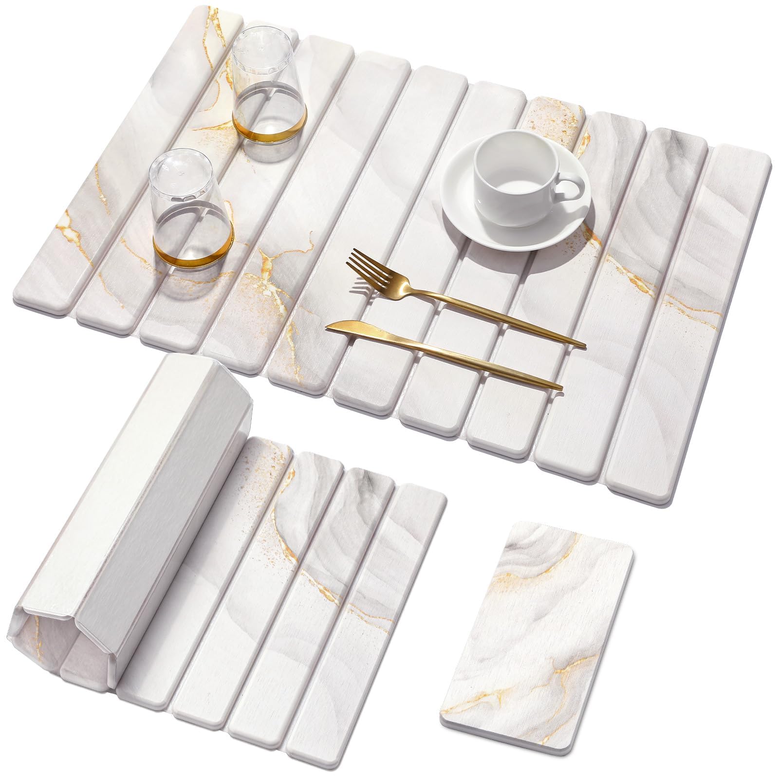 2 PCS|Large Stone Dish Drying Mat for Kitchen Counter,Quick Dry Stone Dishes Mats,Marbled Water Absorbing Diatomaceous Earth Drying Pad for Countertop Bottles Utensils Cups, White Gold 24