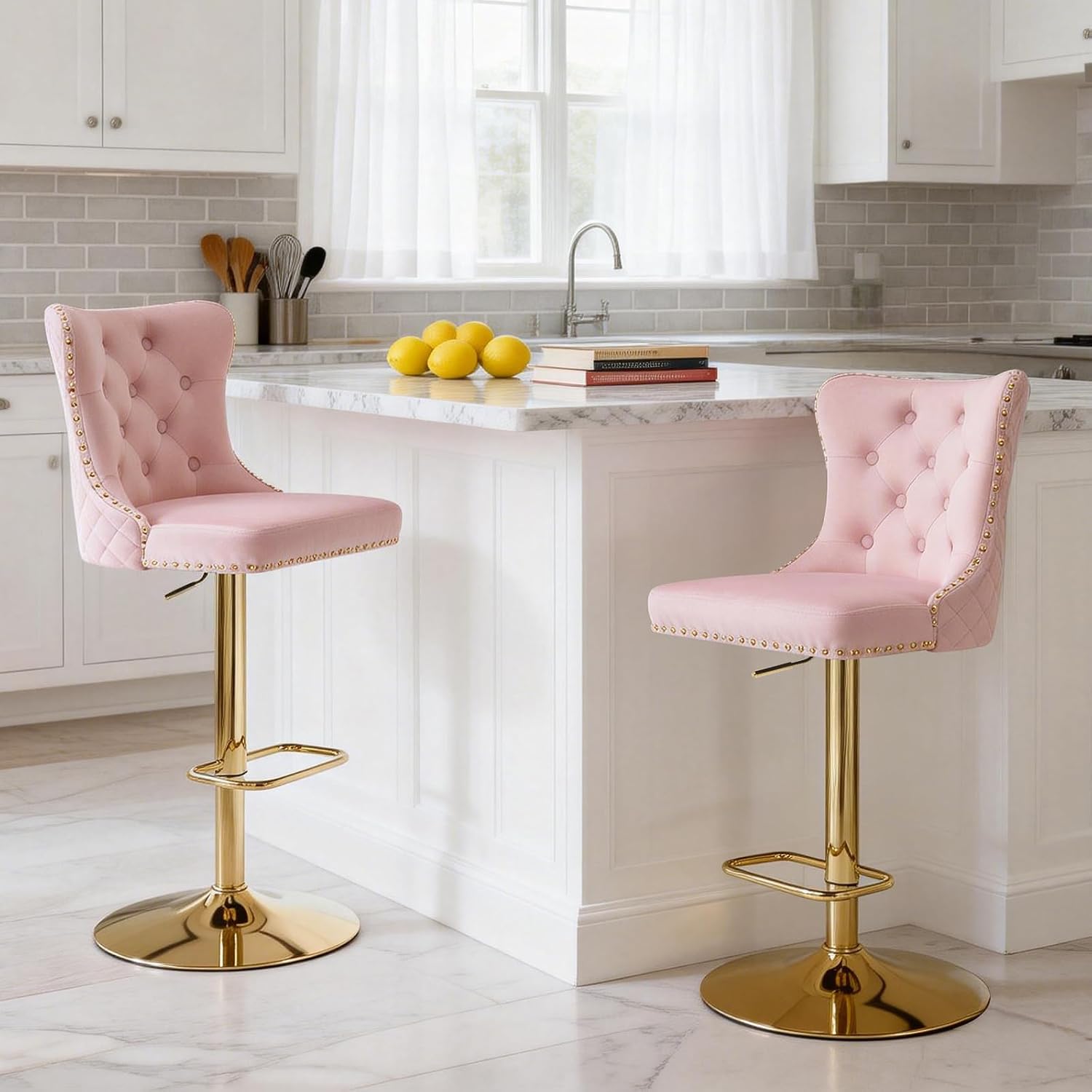 Velvet Bar Stools Set of 2, Adjustable Swivel Bar Stools with Golden Metal Legs and Footrest, Sturdy Steel Base with Rubber Ring for Kitchen Island, Home Bar, Dining Room, Cafe (Pink)