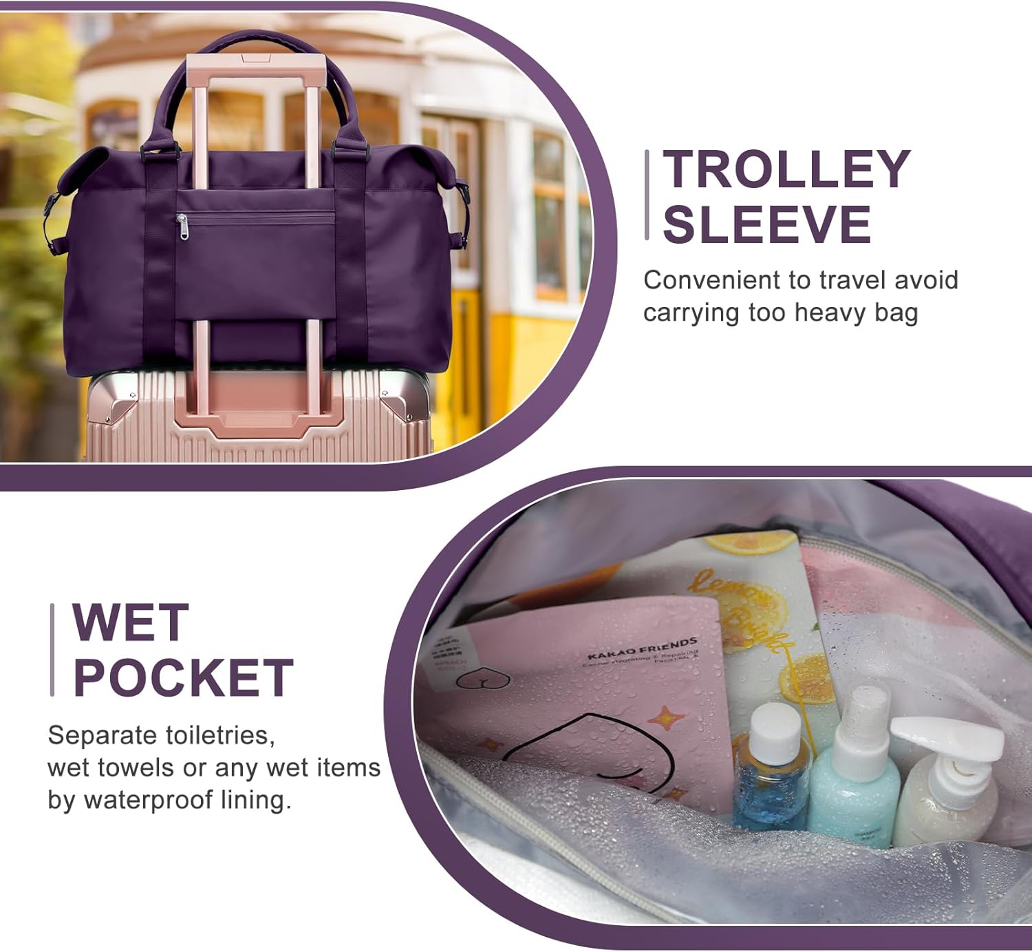 Sports Duffel Bags for Women Dark Purple Weekender Travel Totes Bag for Airplane, Cute Sports Gym Dance Bag Overnight Luggage Bag with Wet Pocket, Carry On Hospital Bag for Labor and Delivery