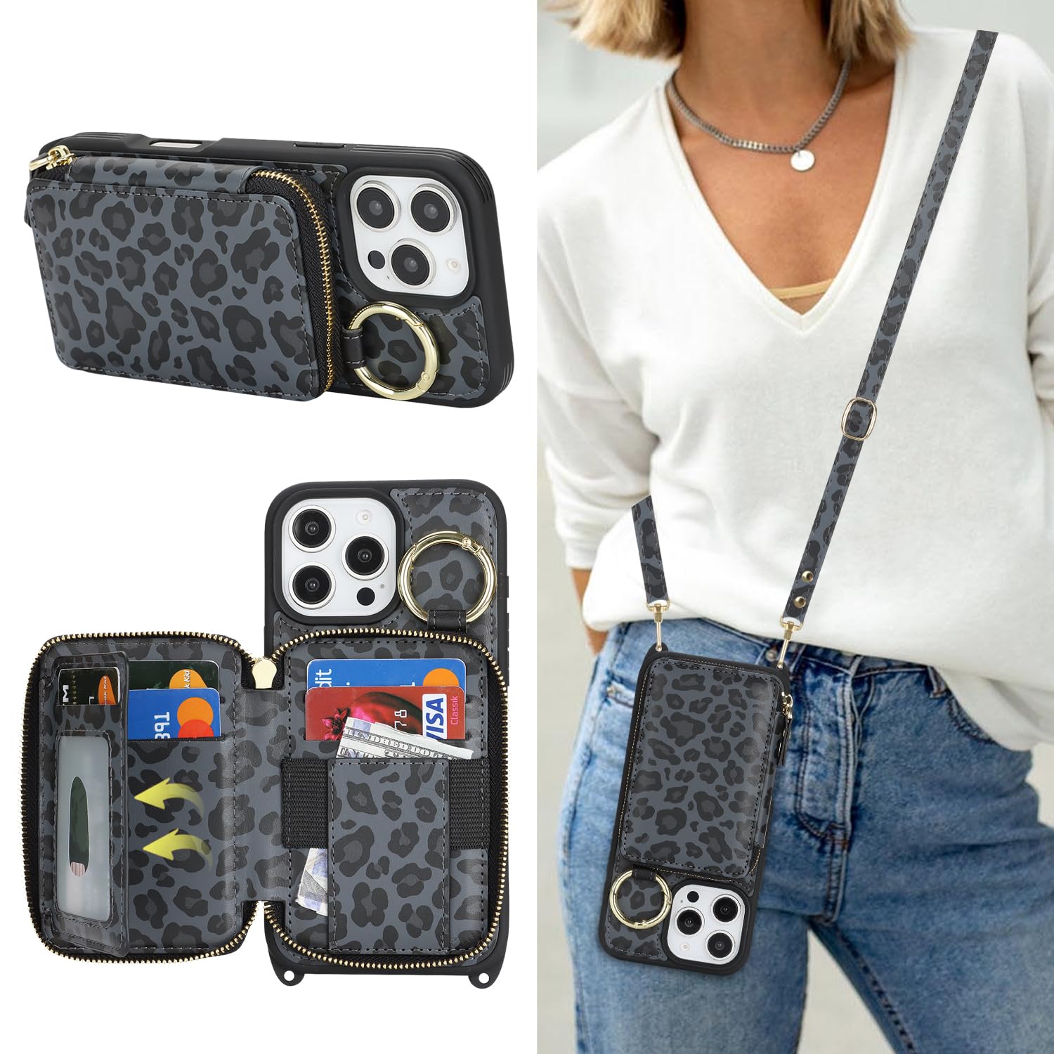Crossbody Wallet Case for iPhone 16 Pro Max-Black Leopard